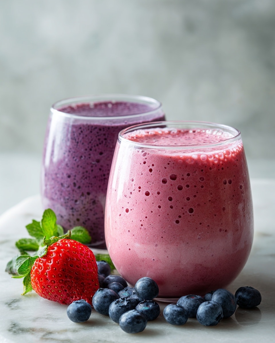 The image shows a close-up of two clear glass cups filled with thick smoothies, placed on a white marbled surface. The smoothie in the front glass is a soft pink color with many small bubbles on top, showing a smooth texture. Behind it, a second glass contains a darker purple smoothie, also bubbly on the surface. To the left of the glasses, a single red strawberry with green leaves is placed next to several fresh blueberries scattered loosely on the white marbled surface. The scene has soft natural light giving a fresh and inviting look to the drinks. photo taken with an iphone --ar 4:5 --v 7