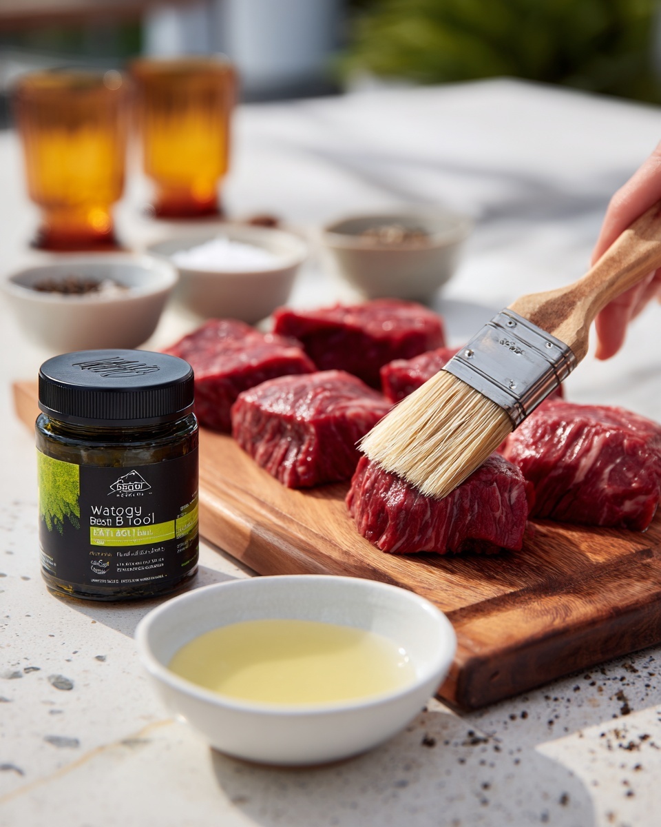 The image shows a close-up of three pieces of raw red meat on a wooden board, with one piece being brushed by a woman's hand holding a light wooden brush. In the foreground, a small white bowl filled with a pale yellow liquid sits on the board. To the left, there is a glass jar with a black lid labeled