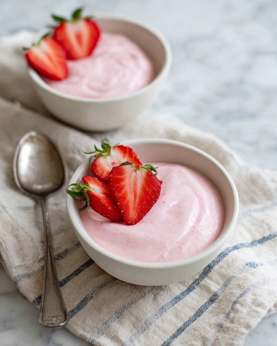 Two white bowls hold pink, thick strawberry yogurt with a smooth texture. The front bowl has three fresh strawberry halves with bright red color and green leaves placed on the yogurt’s edge. Both bowls sit on a white marbled surface, partially covered by a light beige textured cloth with blue stripes. A spoon with a reflective handle rests near the bowls. The image is lit with soft natural light, showing creamy yogurt with small bits of strawberries inside. photo taken with an iphone --ar 4:5 --v 7