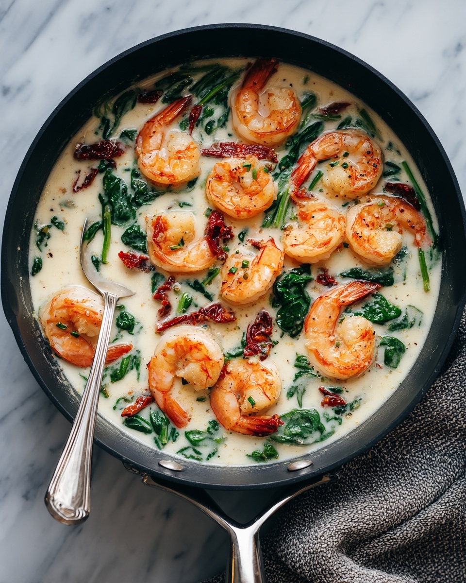 A black pan holds a creamy dish with many cooked shrimp arranged on top, their orange-pink shells contrasting with the creamy white sauce beneath. There are dark red pieces of sun-dried tomatoes scattered inside the sauce along with fresh green spinach leaves. The sauce looks rich and smooth, filling the pan evenly. A silver spoon rests inside the pan to the left, slightly submerged in the sauce. The pan is placed on a white marbled surface with a textured gray cloth near the bottom right side. Photo taken with an iphone --ar 4:5 --v 7