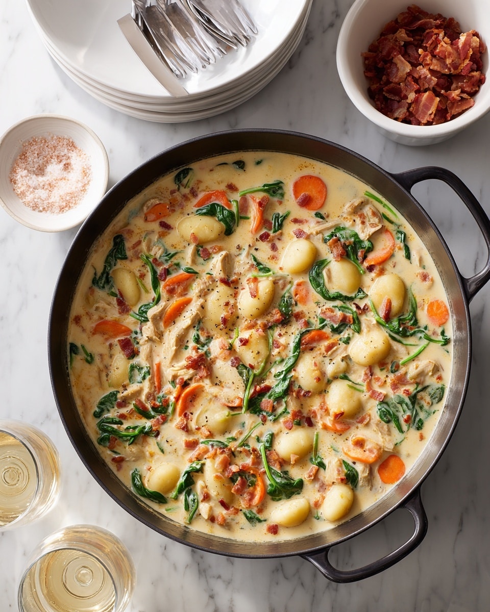 The image shows several fresh ingredients arranged on a white marbled surface. There is a white plate on the right with shredded light beige chicken. Above that, clear glass bowls hold pinkish-brown chopped bacon, white flour, and small green and dried herbs with a bay leaf on top. Below, a clear bowl contains bright orange sliced carrots, and next to it are fresh green spinach leaves. Other small clear bowls include chopped white onions and light green diced celery. A glass measuring cup with golden broth, a chunk of yellow butter partially wrapped in paper, and a bottle of pale yellow dressing or sauce also appear on the marble. Near the top left, a clear package contains ridged pale yellow gnocchi, and beside it is a bottle of white wine. Photo taken with an iphone --ar 4:5 --v 7