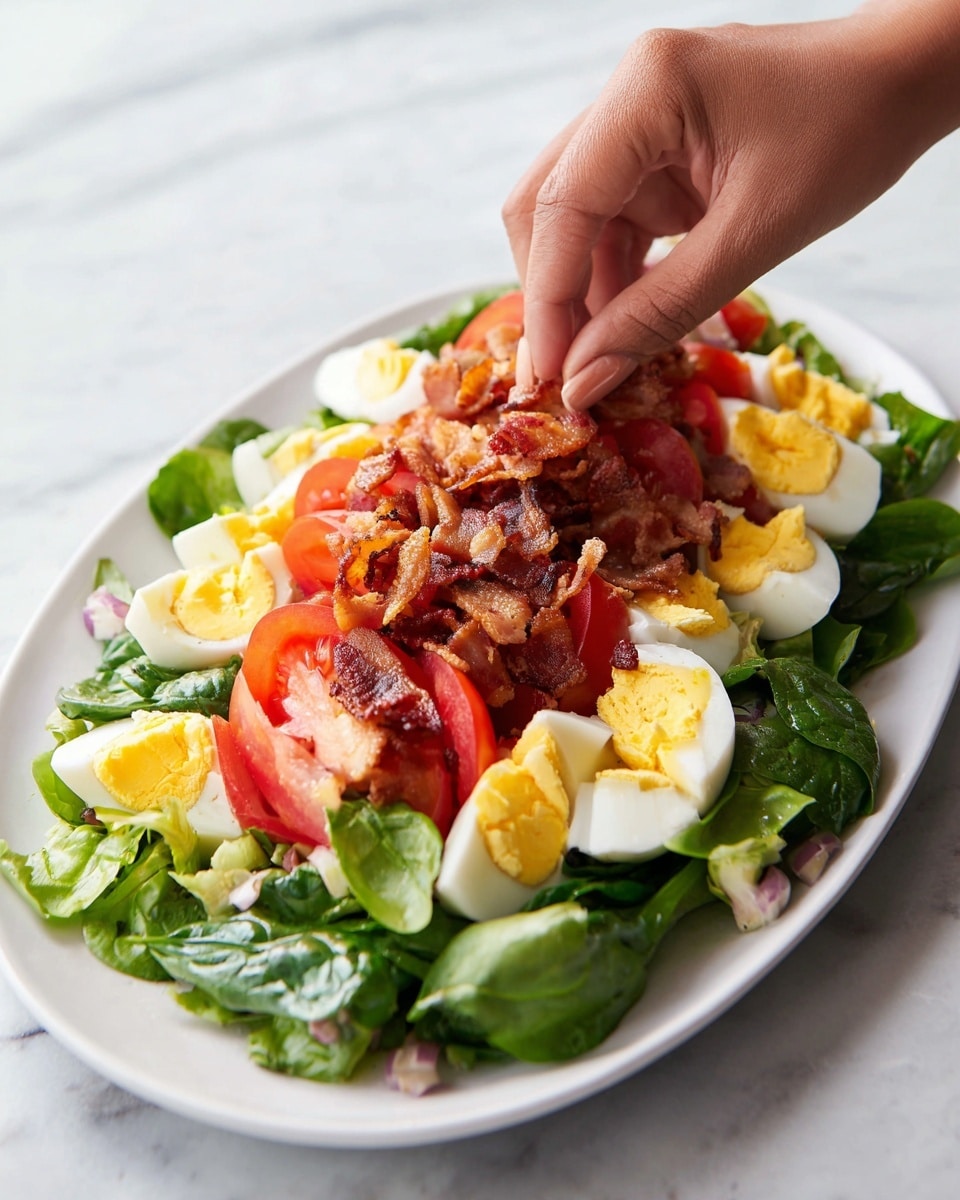 A white oval plate holds a layered salad starting with a base of fresh green spinach leaves. The next layer includes slices of red tomato and quartered boiled eggs with visible yellow yolks and white edges. On top, there are crispy pieces of browned bacon sprinkled evenly, adding texture and color contrast. A woman's hand is seen placing bacon atop the salad. The plate is set on a white marbled surface. photo taken with an iphone --ar 4:5 --v 7