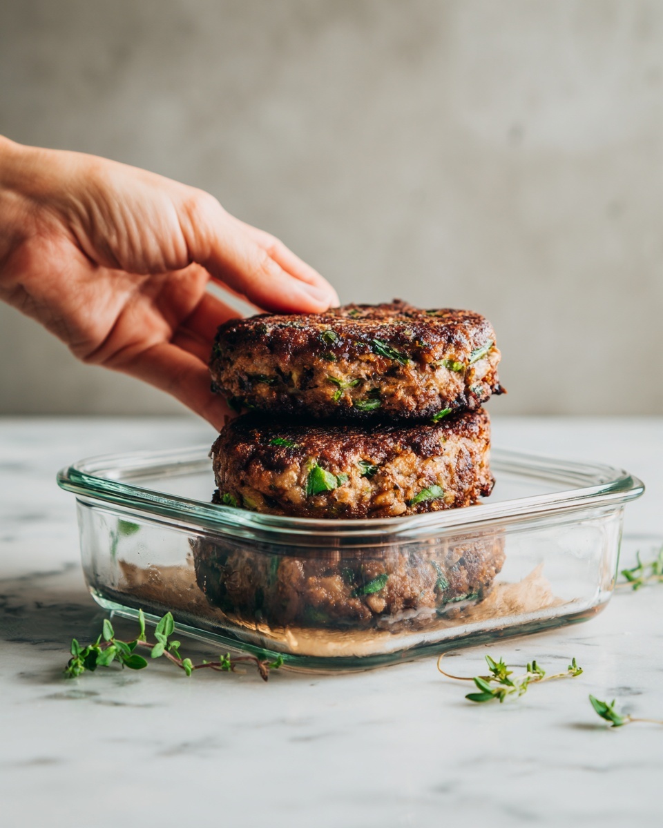 The image shows three cooked patties stacked inside a clear rectangular glass container. Each patty is brown with crispy edges and has visible green herbs speckled throughout, giving a textured look. The container is placed on a white marbled surface, and some small green herb sprigs are scattered around it. A woman's hand is partly visible, reaching toward the container. photo taken with an iphone --ar 4:5 --v 7