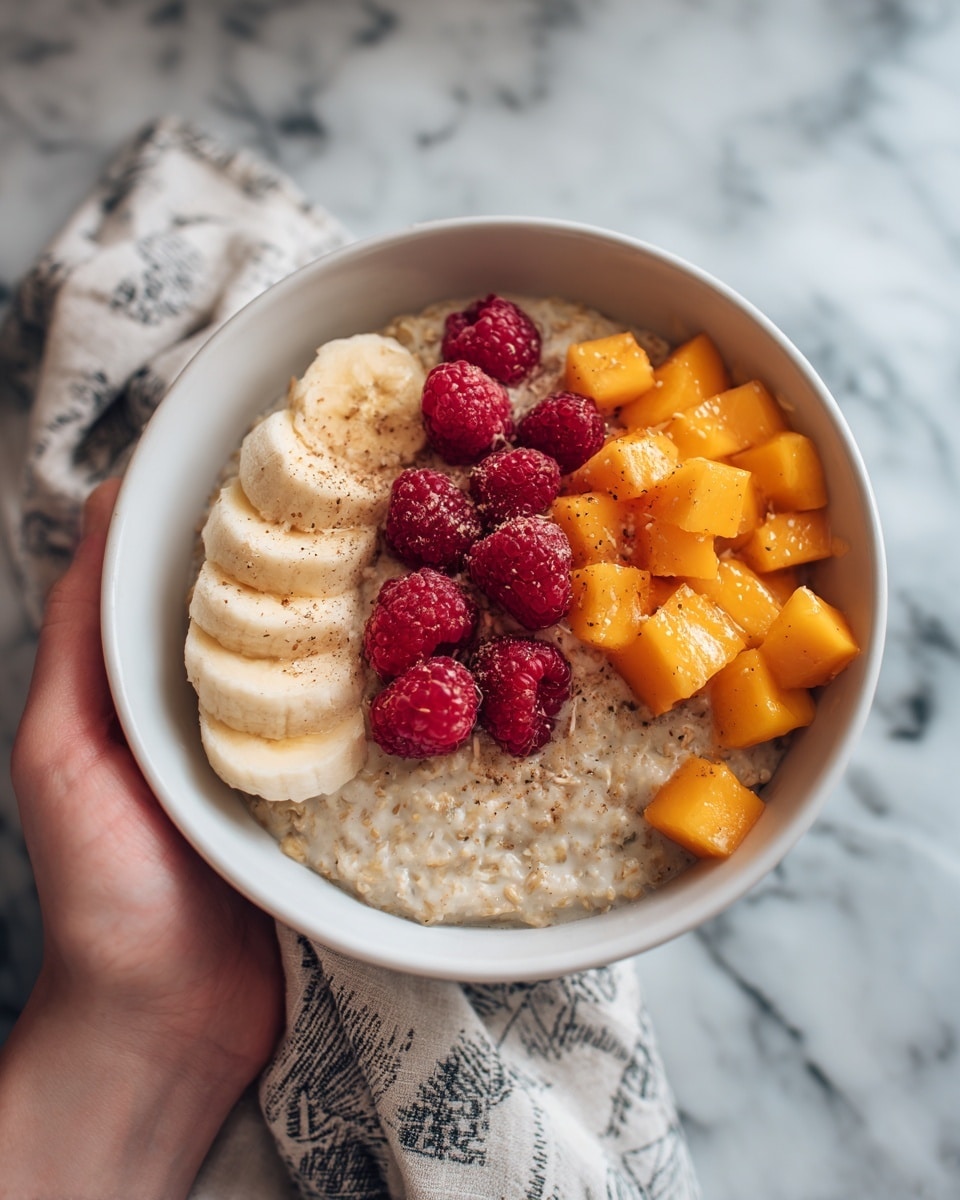 The image shows a white bowl filled with a layered breakfast dish placed on a white marbled surface. Inside the bowl, there is a base layer of oatmeal with a creamy, slightly thick texture. On top of the oatmeal, slices of banana fan out on the left side, showing a pale yellow color. In the center, there is a cluster of bright red raspberries. On the right side, there are small bright orange cubes of mango, some of which appear soft and slightly shiny. The oatmeal has a sprinkle of light brown seeds and a light dusting of dark specks over the fruits. A woman's hand is holding the bowl gently on the left edge, and a folded patterned cloth napkin is partly visible below and to the right of the bowl. photo taken with an iphone --ar 4:5 --v 7