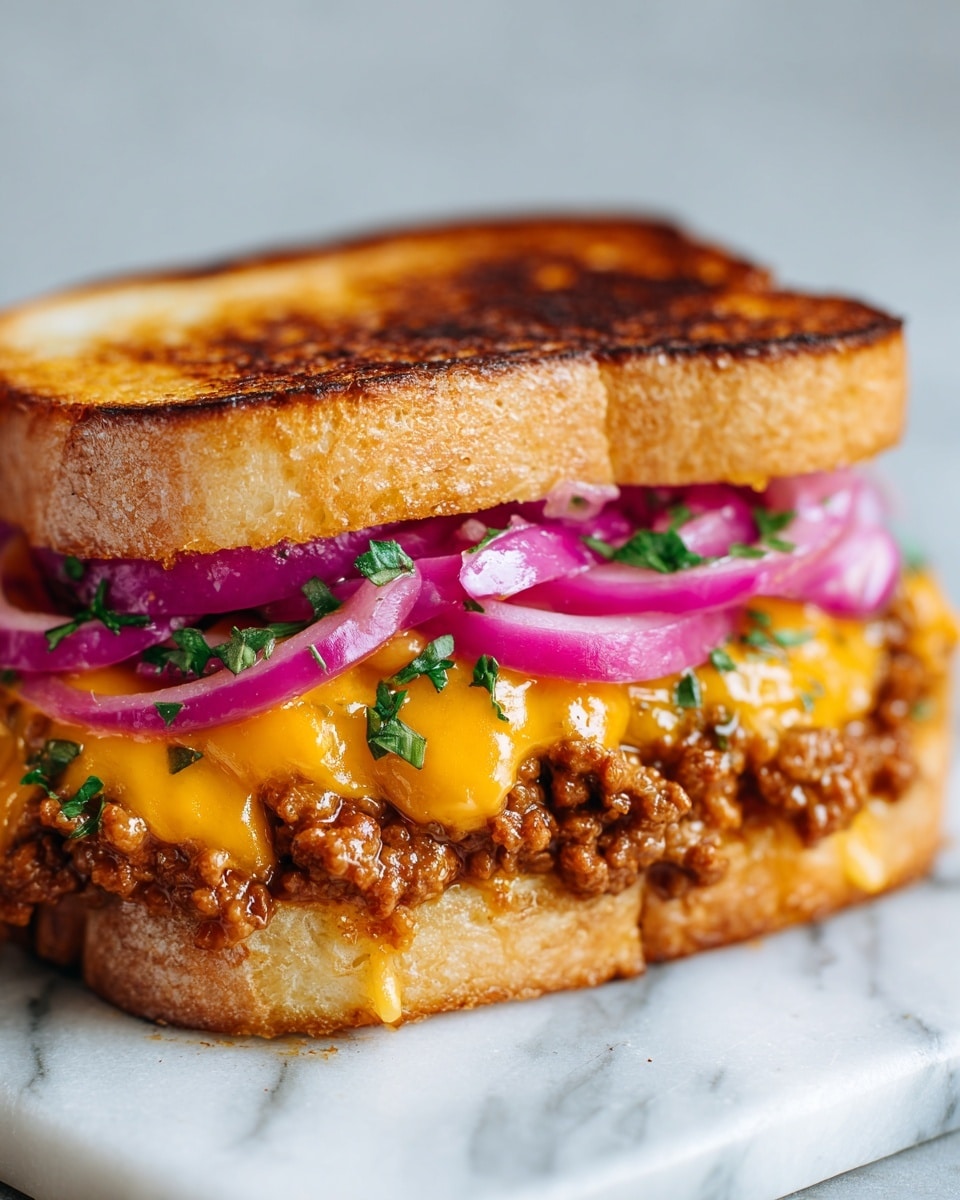A close-up of a sandwich with four layers, starting from the bottom with a soft, light beige bun, followed by a thick layer of brown, textured cooked ground filling mixed with small bits of onion, topped with a smooth, bright yellow melted cheese layer sprinkled with small green herb pieces, and finished with thin, purple onion slices under a shiny, golden brown top bun. The sandwich sits on a white marbled surface. photo taken with an iphone --ar 4:5 --v 7