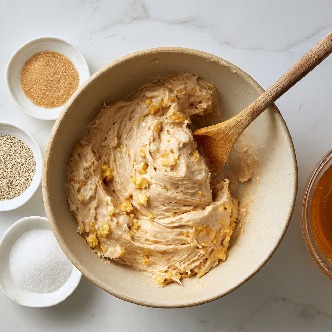 square image A large beige ceramic bowl filled with a smooth, creamy, light brown batter mixed with small chunks of golden yellow pieces. A wooden spoon is partly dipped into the batter, resting inside the bowl. Surrounding the bowl are three small white bowls, each holding different ingredients: one with light brown sugar, one with white granulated sugar, and a clear glass bowl with amber liquid. All setup sits on a white marbled surface. photo taken with an iphone --ar 4:5 --v 7