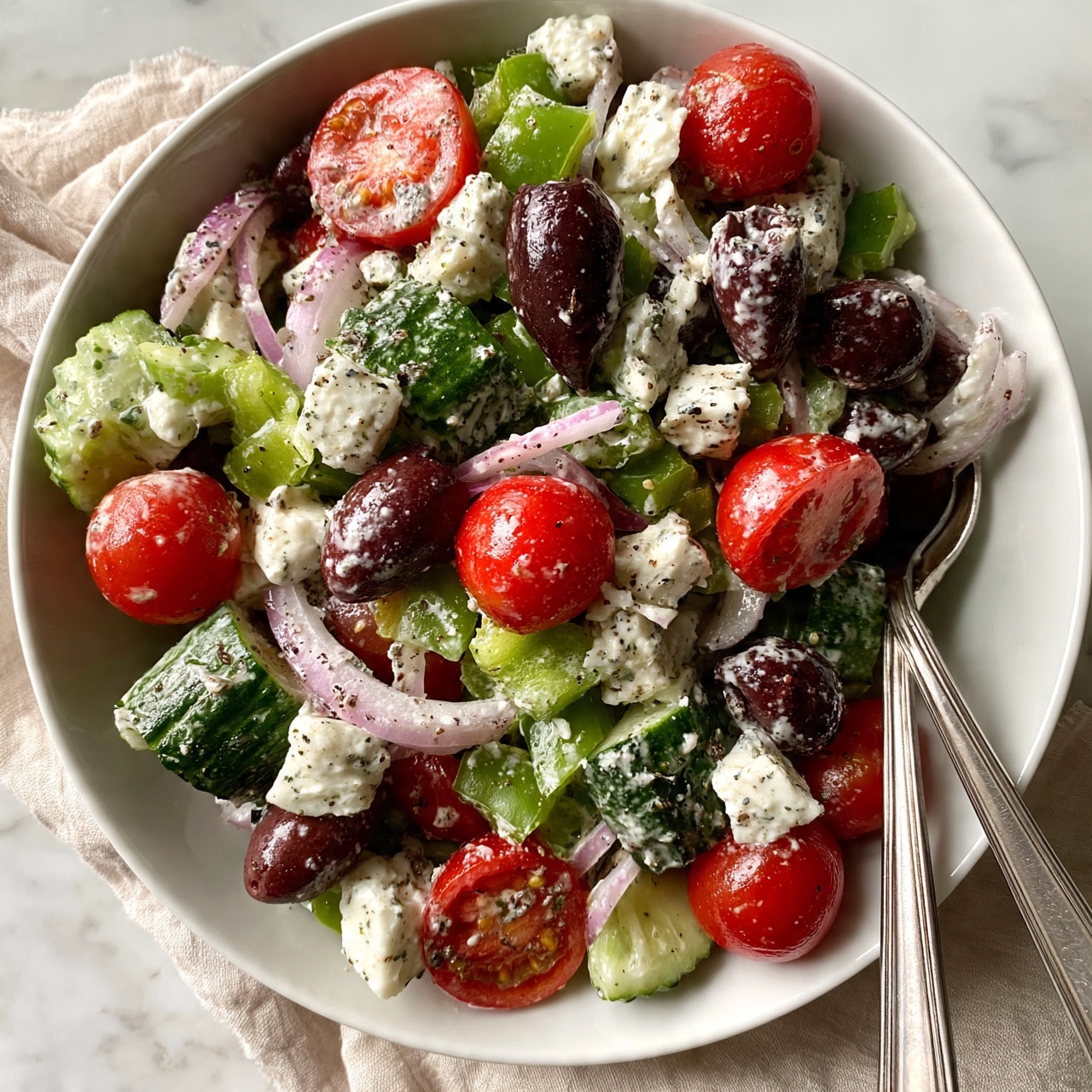 square image A white bowl filled with a colorful mixed salad showing several layers of fresh ingredients: bright red grape tomato halves, dark purple olives, chopped green bell peppers, thin slices of pale purple onions, and small chunks of white cheese scattered evenly throughout. There are also green cucumber slices with a textured skin layer, and the whole salad is lightly coated with a creamy, speckled dressing. Two silver spoons rest inside the bowl, partially covered by the salad. The bowl sits on a soft beige cloth on a white marbled surface. photo taken with an iphone --ar 4:5 --v 7