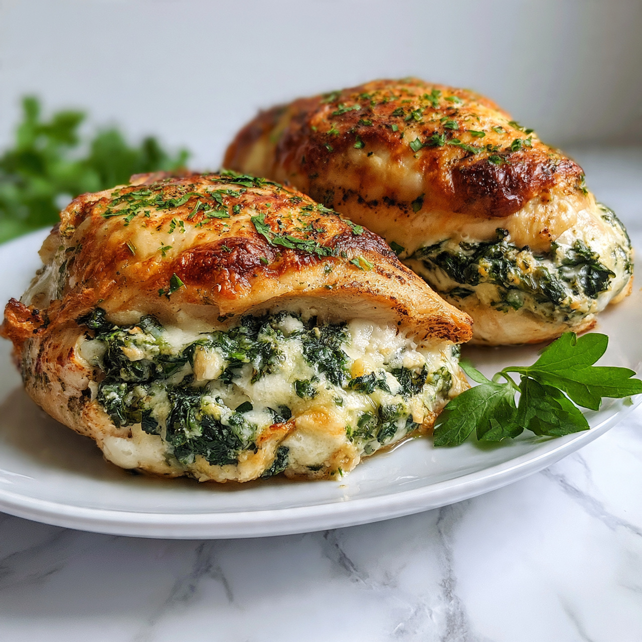 Stuffed Chicken Breasts with Cream Cheese and Cheddar Recipe 5 square imag The image shows two pieces of cooked chicken on a white plate placed on a white marbled surface. Each chicken piece is stuffed with a thick layer of creamy spinach and cheese filling that peeks out from the sides. The outer layer of the chicken is golden brown with a slightly crispy texture and is sprinkled with small green herb flakes. There are some fresh green herb leaves scattered on the chicken and on the plate around it. The overall look is warm, with a mix of golden brown and dark green colors against the clean white background. photo taken with an iphone --ar 4:5 --v 7