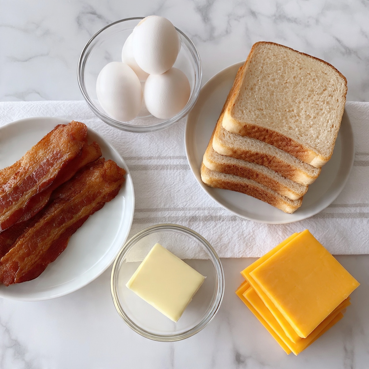 square image The image shows breakfast ingredients placed neatly on a white marbled surface. On the left, there is a white plate with three brown crispy strips of bacon. Next to it, there is a clear glass bowl with four smooth white eggs, one standing on top. To the right, a white plate holds four stacked slices of light tan bread with a soft texture and brown crusts. In front of these, a small clear glass bowl contains a pale yellow cube of butter. On the far right, four square slices of bright orange cheese are stacked in a neat pile. A white cloth with light gray stripes runs horizontally under the plates and bowls. The overall setting is simple and clean, focused on the breakfast items. photo taken with an iphone --ar 4:5 --v 7