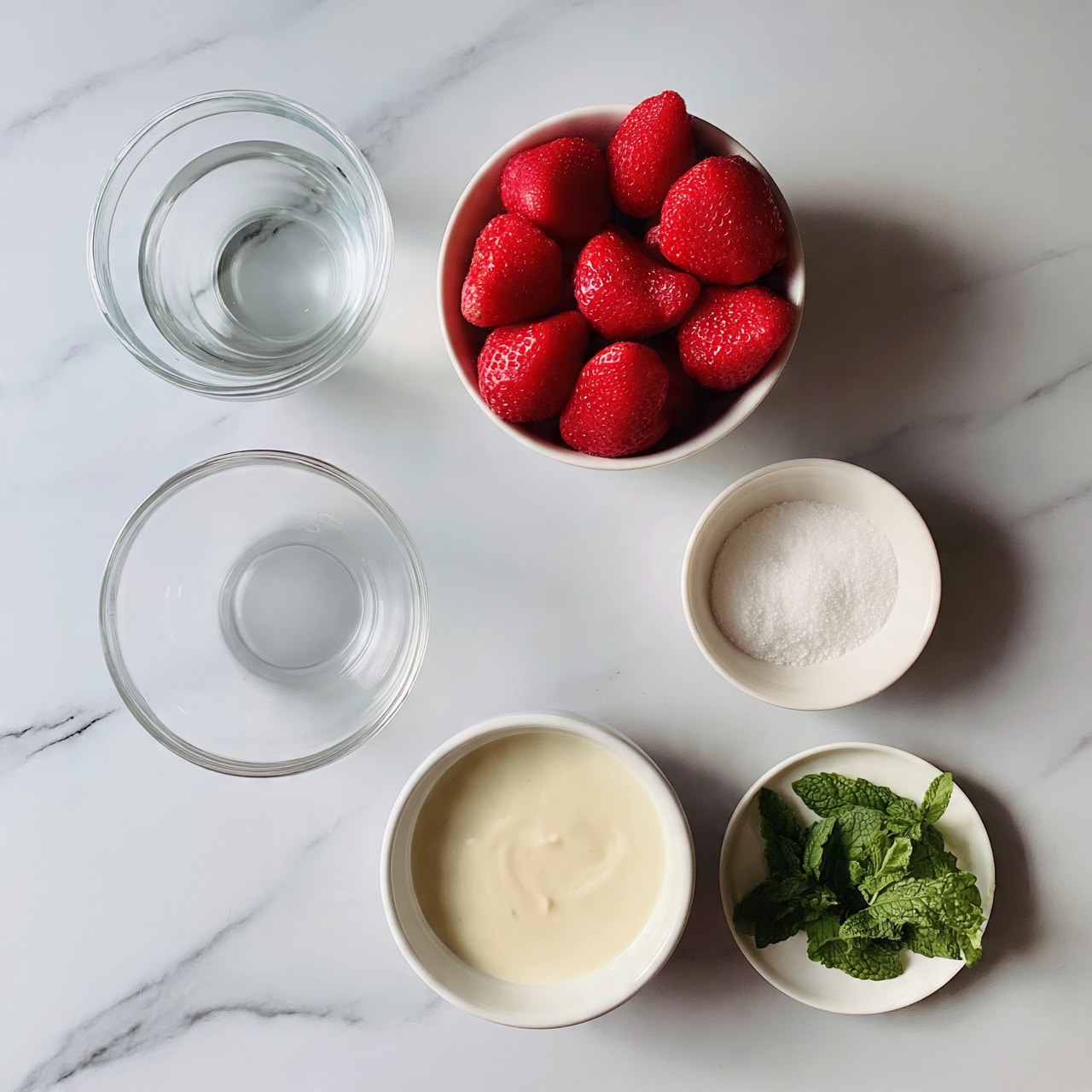 square image The image shows six small bowls with ingredients on a white marbled surface. Starting from the top left, there is a clear glass bowl filled with water, followed by a round white bowl full of bright red strawberries with a smooth texture. Below these, a clear empty round bowl is placed, and to its right, a small white bowl holds fine white sugar granules. Above the sugar bowl is a creamy light yellow liquid in a white bowl with a smooth surface, and to the right of this is a small white plate with fresh green mint leaves with a matte finish. The composition is neat and evenly spaced, photographed from above. photo taken with an iphone --ar 4:5 --v 7square image