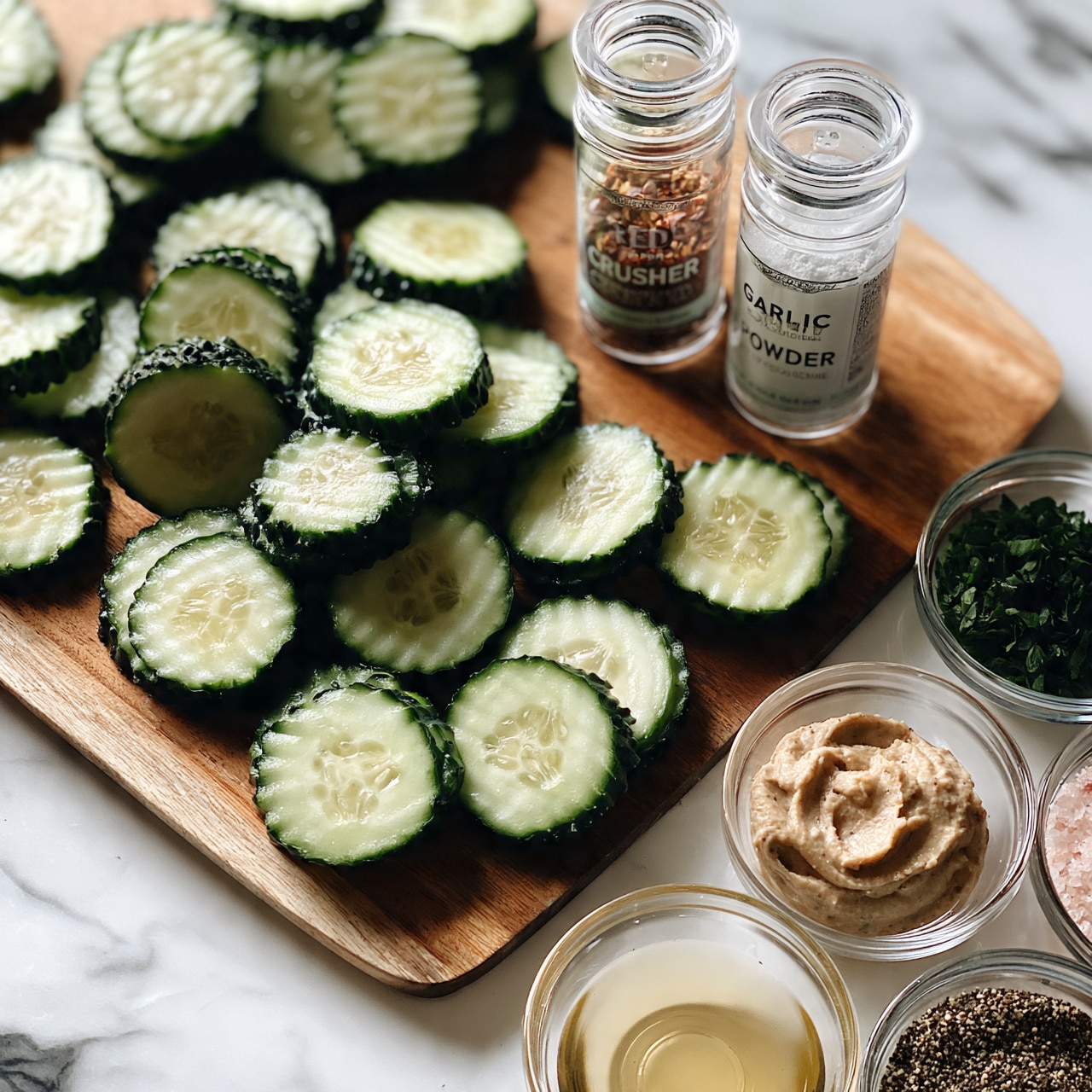 square image The image shows a wooden cutting board filled with many thin slices of green cucumber that have a textured dark green edge and a light green center with visible seeds, all placed on a white marbled surface. At the bottom right, there are several small clear glass bowls holding different items: one with chopped dark green herbs, one with a light brown creamy paste, one with a light yellow liquid, and others with fine pink salt and black pepper. In the center, two clear spice jars stand upright, labeled