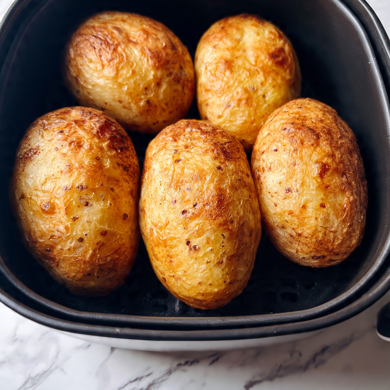 square image The image shows four golden-brown baked potatoes with a slightly rough and crispy skin inside a black air fryer basket. The potatoes are arranged evenly, filling the basket, and each potato has a textured surface with small spots and natural skin marks. The air fryer basket has a black grid at the bottom, partially visible under the potatoes. The overall setting includes a white marbled surface below the air fryer. photo taken with an iphone --ar 4:5 --v 7