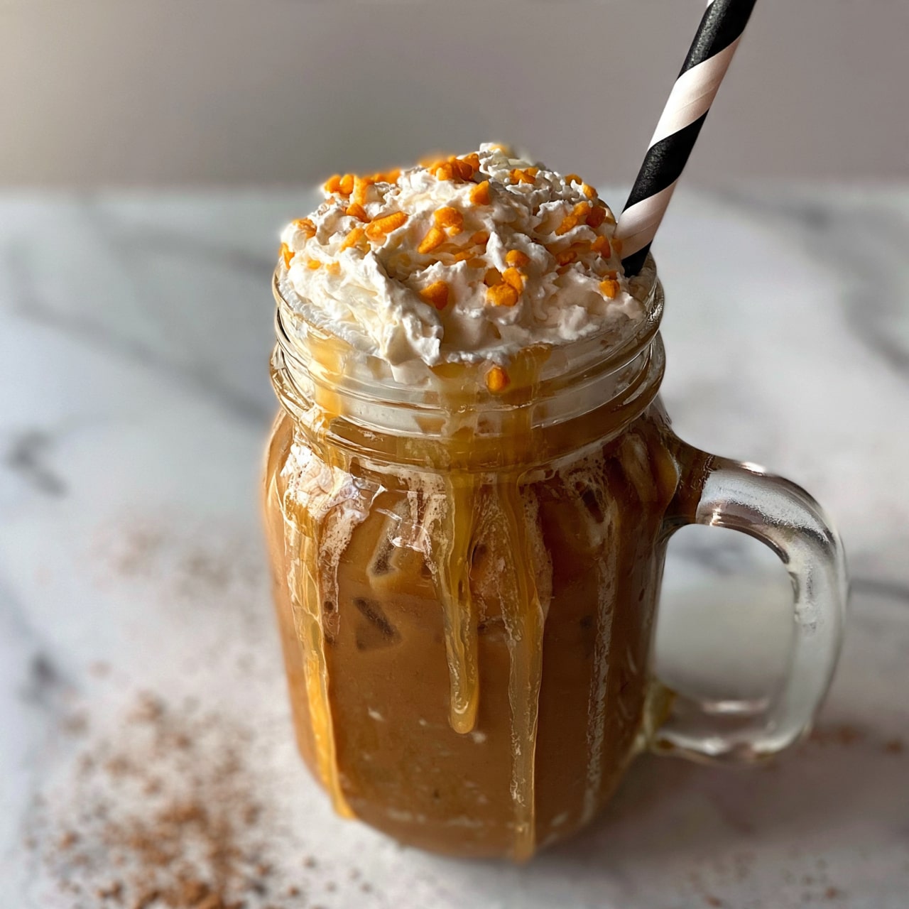 square image The image shows a clear glass jar mug filled with a cold brown iced drink, with ice cubes visible inside. On top, there is a thick layer of whipped cream, decorated with small orange candy pieces scattered over it. Light caramel syrup drips down the inside sides of the glass, creating a sticky texture. A black and white striped straw stands upright in the whipped cream. The jar is placed on a white marbled surface with some brown powder sprinkled around it. Photo taken with an iphone --ar 4:5 --v 7
