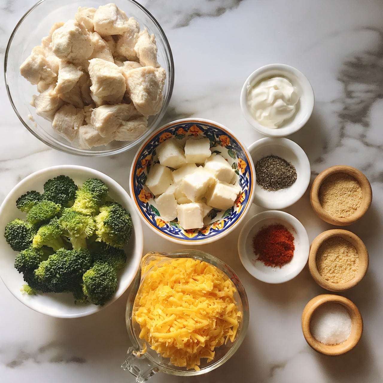 square imag The image shows a top view of several bowls and small dishes placed on a white marbled surface. In the top left, there is a glass bowl filled with chunks of pale cooked chicken. Below it, a white bowl holds bright green broccoli florets. In the center, a white bowl with a decorative blue and orange rim contains cubes of white cheese. Below that, a clear glass measuring cup is filled with shredded yellow cheddar cheese. To the right, there are four small white bowls arranged vertically; from top to bottom, they contain white sour cream, black pepper, and red paprika. There are three small wooden bowls on the right side, filled with light brown seasoning powders, garlic powder, and salt. Photo taken with an iphone --ar 4:5 --v 7