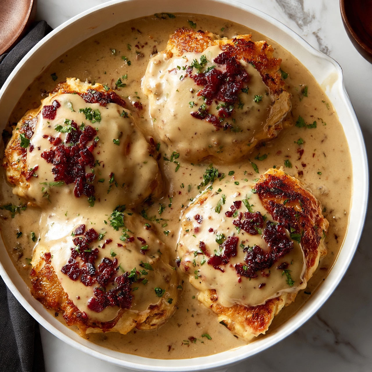 square image The image shows a white skillet filled with four pieces of golden brown cooked chicken, each covered in a thick, creamy brown gravy. The gravy has small bits of crispy dark red bacon scattered on top, adding texture and color. Fresh green parsley is sprinkled lightly over the chicken and sauce, giving a pop of color. The skillet is placed on a white marbled surface with part of a dark cloth and wooden bowls visible around it. The overall look is rich and hearty, with smooth sauce contrasting the crispy chicken edges. photo taken with an iphone --ar 4:5 --v 7