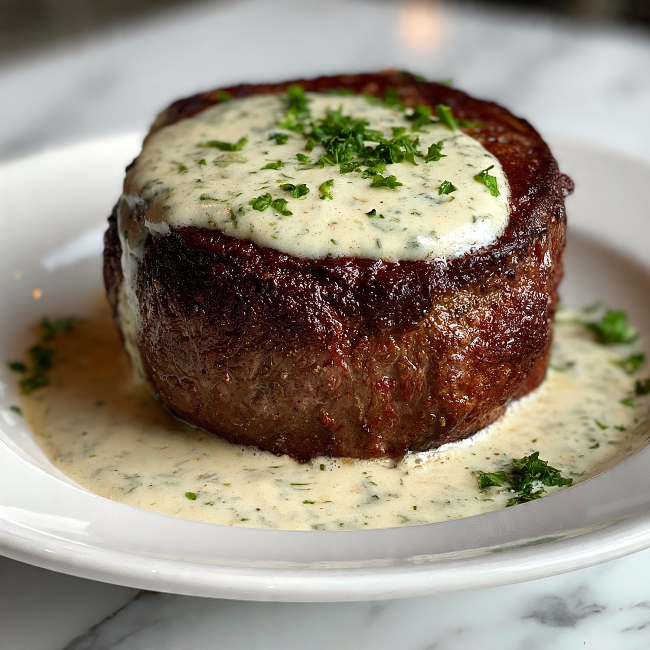 square image A thick, juicy steak with a dark brown, crispy crust sits in the center of a white plate. On top of the steak, a creamy sauce with green herbs is spread evenly, dripping slightly down the sides. Small bits of fresh green parsley are sprinkled on both the sauce and around the steak. The sauce pools around the base of the steak, showing a smooth texture with specks of herbs. The plate rests on a white marbled surface, highlighting the rich colors of the dish. photo taken with an iphone --ar 4:5 --v 7
