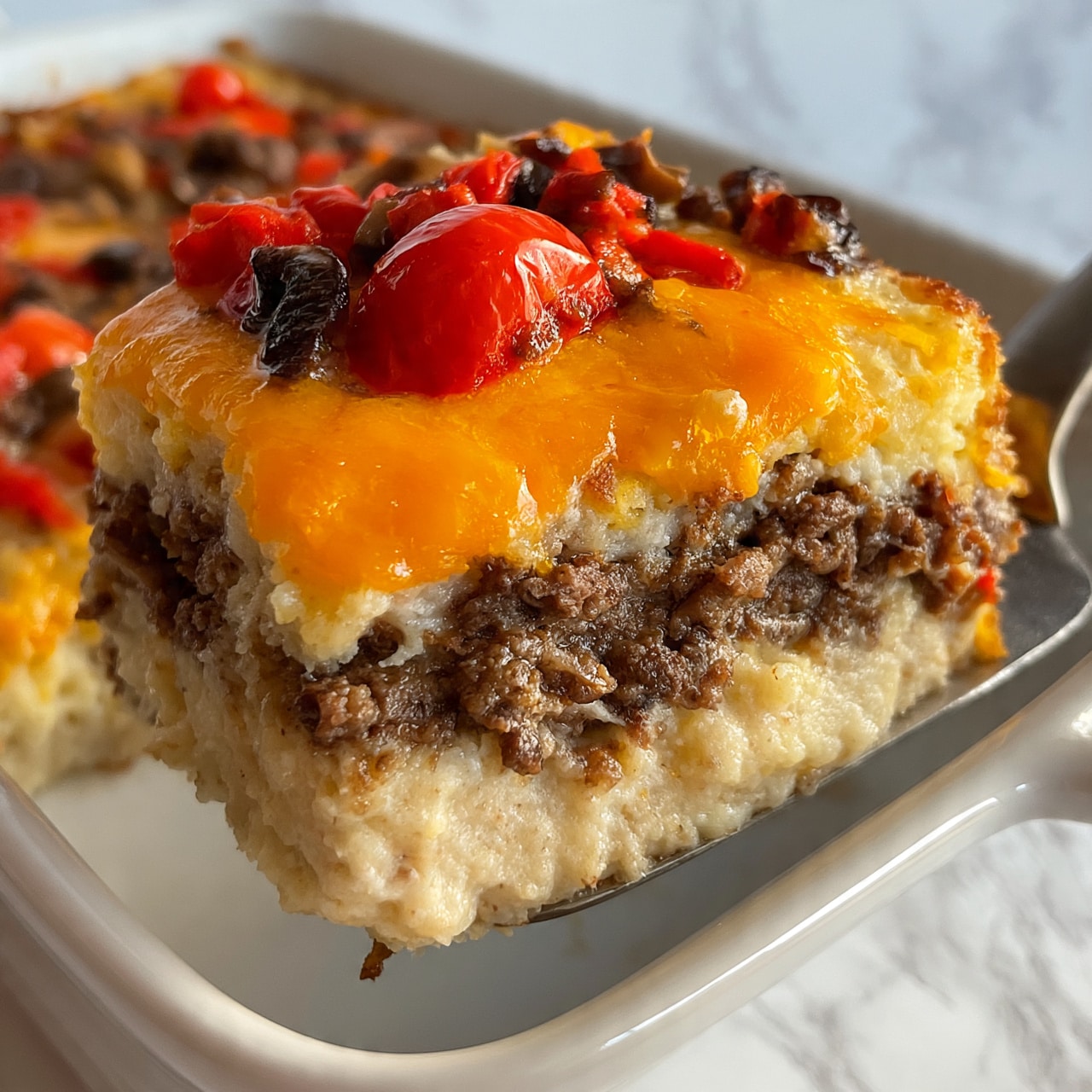 square image The image shows a close-up of a thick slice of a baked dish being lifted with a metal spatula from a white baking dish. The dish has three noticeable layers: a creamy, light beige base layer that looks soft and fluffy, a middle layer with ground meat that is well browned, and a top layer with melted cheddar cheese that is bright orange. There are also bits of cooked red cherry tomatoes and small pieces of mushrooms mixed in on top, adding some red and dark brown colors. The background is a white marbled texture. photo taken with an iphone --ar 4:5 --v 7