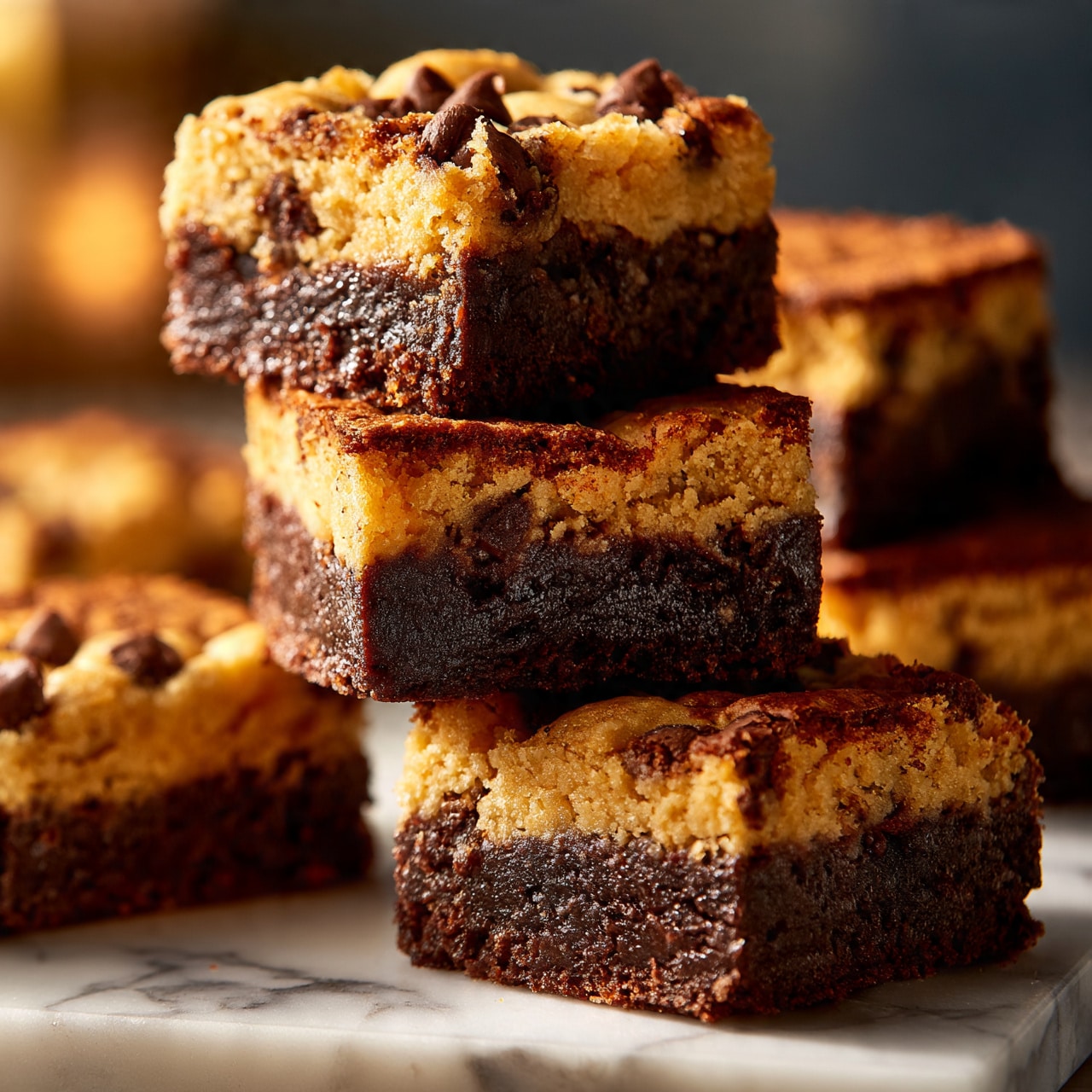square image The image shows a close-up view of thick square brownies with two distinct layers: a bottom layer of rich, dark chocolate with a smooth texture, and a top layer of golden-brown cookie dough with visible chocolate chips, giving it a slightly crumbly look. The brownies are stacked on a white marbled surface, with some pieces standing upright while others lie flat, showing their soft and moist inside. The warm lighting highlights the contrast between the dark and golden layers, making the dessert look very inviting. Photo taken with an iphone --ar 4:5 --v 7