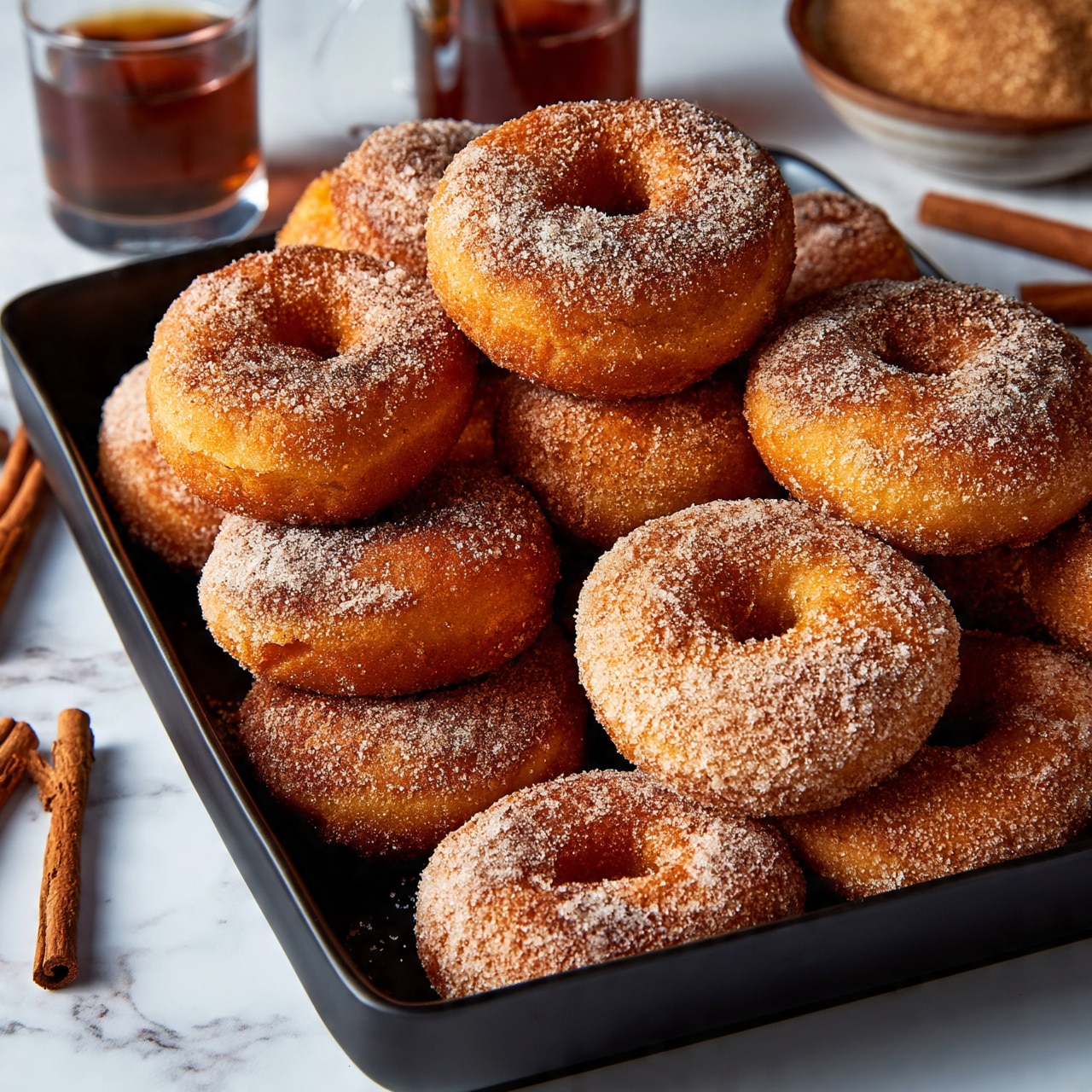 square image The image shows a black rectangular tray filled with round donuts covered in sugar. The donuts are stacked unevenly, some leaning on each other, showing their soft, golden-brown texture with a rough sugar coating. The tray sits on a white marbled surface with two clear glasses filled with dark tea nearby, and cinnamon sticks and a bowl of brown sugar are placed around for decoration, creating a warm and cozy feeling. Photo taken with an iphone --ar 4:5 --v 7