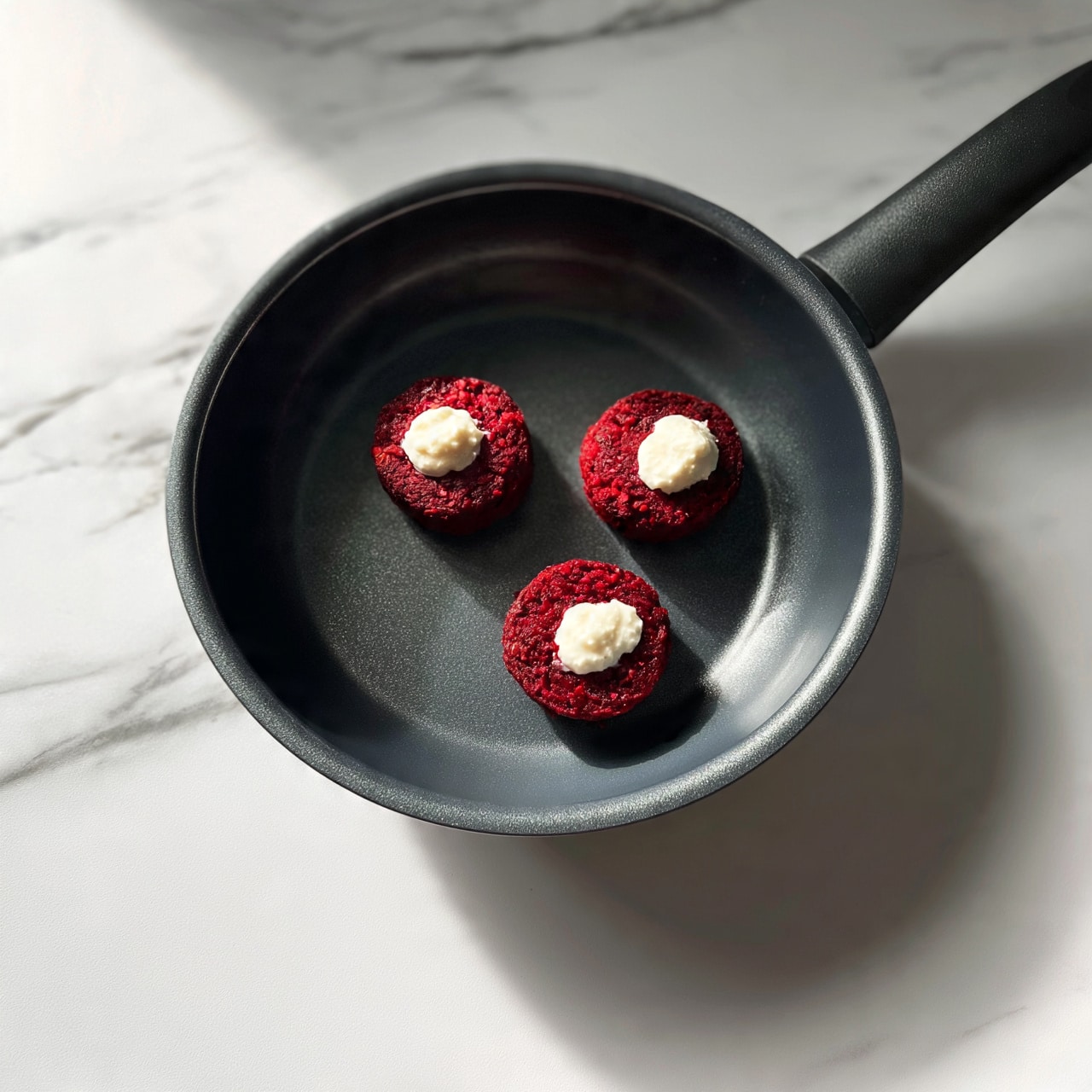 square imag  A dark gray non-stick frying pan with three small round red patties made of beetroot placed inside it. Each patty has a dollop of white cream or sauce on top, contrasting with the deep red color of the patties. The pan is set on a white marbled surface with a soft light coming from the top left, creating gentle shadows around the patties and pan handle. photo taken with an iphone --ar 4:5 --v 7