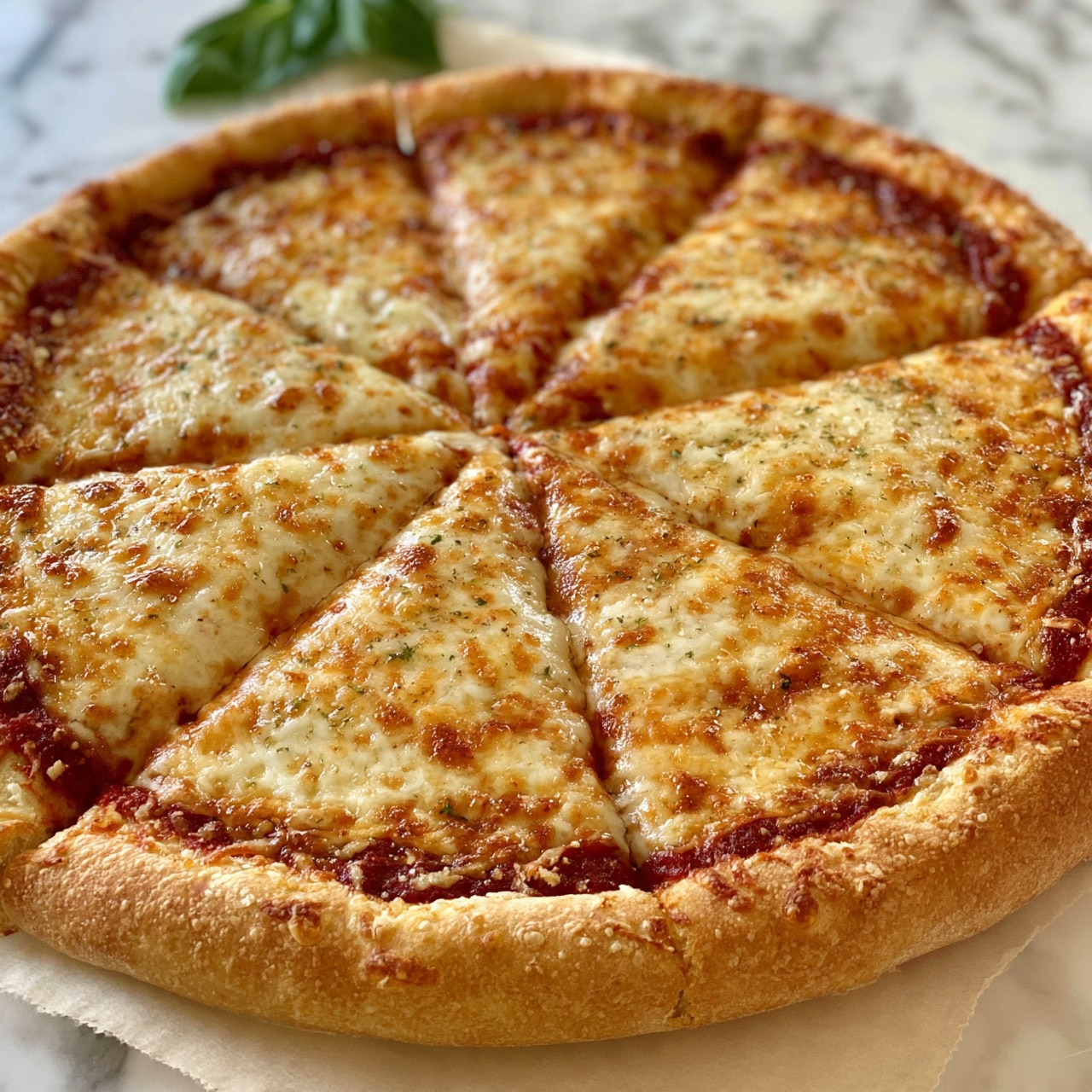 square image A circular pizza sliced into eight triangular pieces lies on a sheet of parchment on a white marbled surface. The pizza has three main layers, starting with a golden-brown thick crust at the bottom with a slightly fluffy texture. Above the crust is a layer of deep red tomato sauce, spread evenly but not reaching the edge of the crust. The top layer is melted cheese that is golden and bubbly, with light brown spots and small green herb specks scattered across. A fresh basil leaf is placed in the background. Photo taken with an iphone --ar 4:5 --v 7