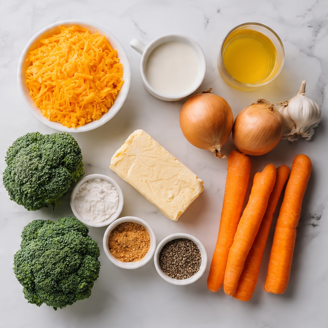 square image The image shows several ingredients arranged neatly on a white marbled surface. There are two green broccoli heads on the left, next to a white bowl filled with bright orange shredded cheese at the top left. Below the cheese bowl is a rectangular block of butter placed in the center. Around these are various small white bowls containing white flour, brown seasoning, and black pepper. On the right side, there are two whole brown onions, three bright orange carrots, and a bulb of garlic. Above the onions and garlic, there is a white cup filled with milk and a glass of yellow broth or juice. The colors are natural and fresh, giving a clear view of each item. photo taken with an iphone --ar 4:5 --v 7