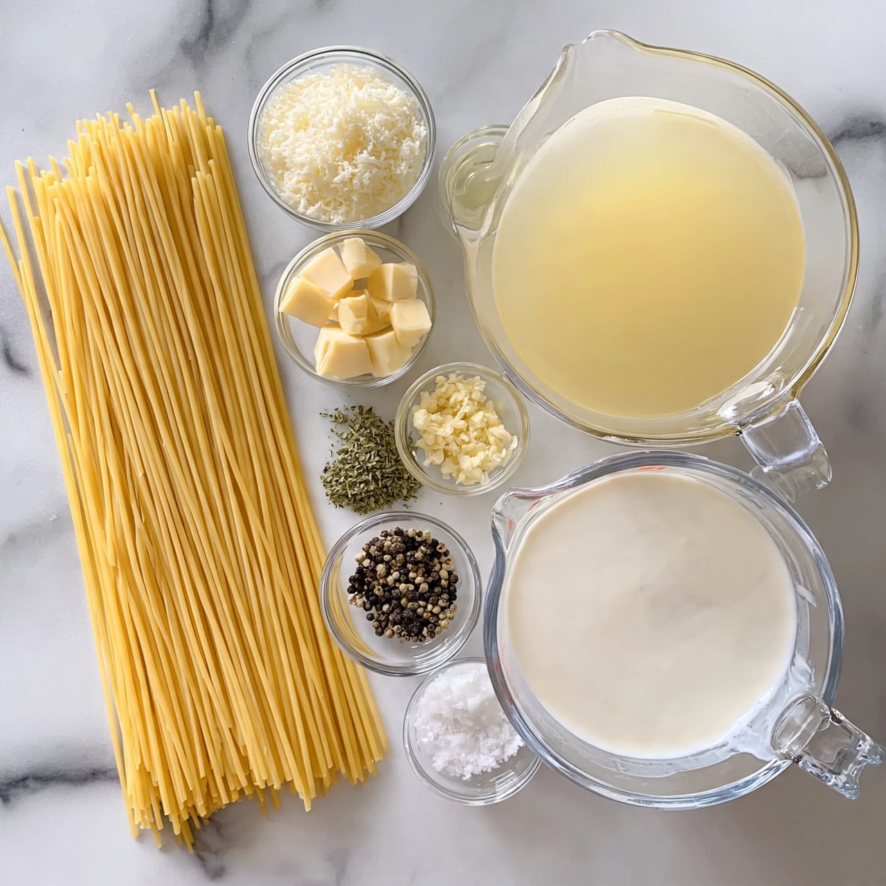 square image The image shows a white marbled surface with uncooked spaghetti strands on the left side, long and yellow. To the right are two large clear measuring cups, one holding a pale yellow broth and the other filled with white cream. Around these cups are small clear bowls containing finely grated white cheese, small cubes of light yellow butter, minced garlic, dried green herbs, black pepper, white salt, and a small amount of clear oil. The ingredients are neatly arranged and spaced out with the light colors and textures clearly visible. photo taken with an iphone --ar 4:5 --v 7