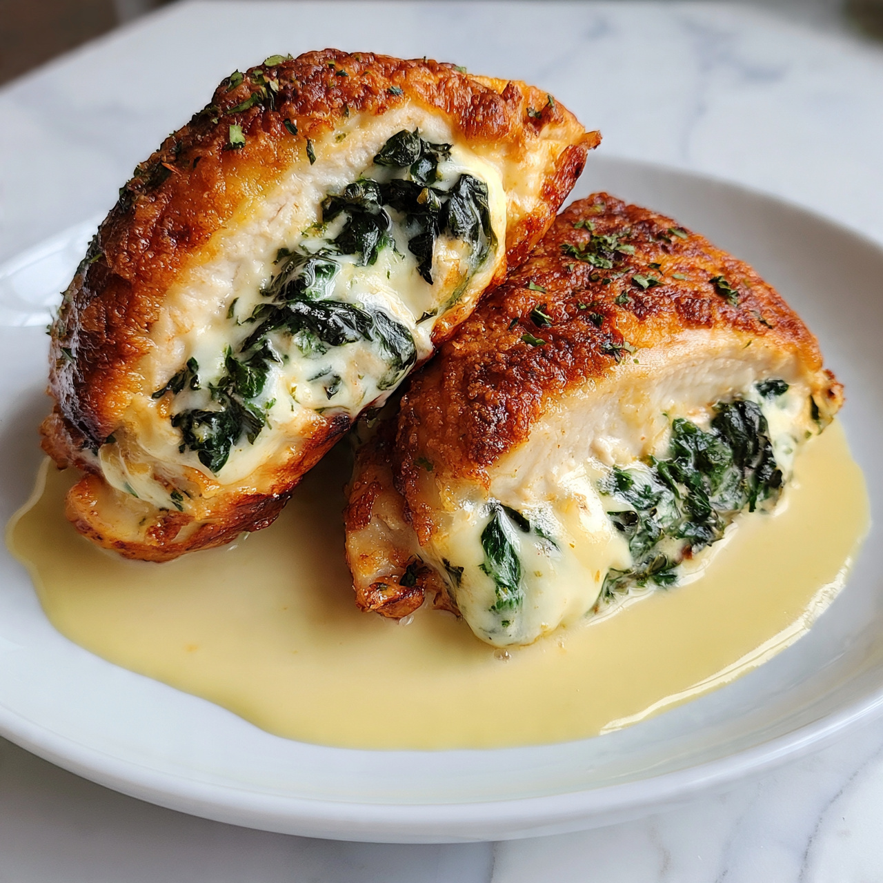 square imag The image shows a close-up of a white plate with two pieces of golden brown stuffed chicken. Each chicken piece is sliced open to show a creamy filling with dark green spinach mixed in. The chicken skin looks crispy and sprinkled with small bits of herbs. A light yellow sauce with a smooth texture pools around the chicken on the white plate. The plate sits on a white marbled surface. The overall color scheme includes golden brown, creamy white, dark green, and pale yellow. Photo taken with an iphone --ar 4:5 --v 7