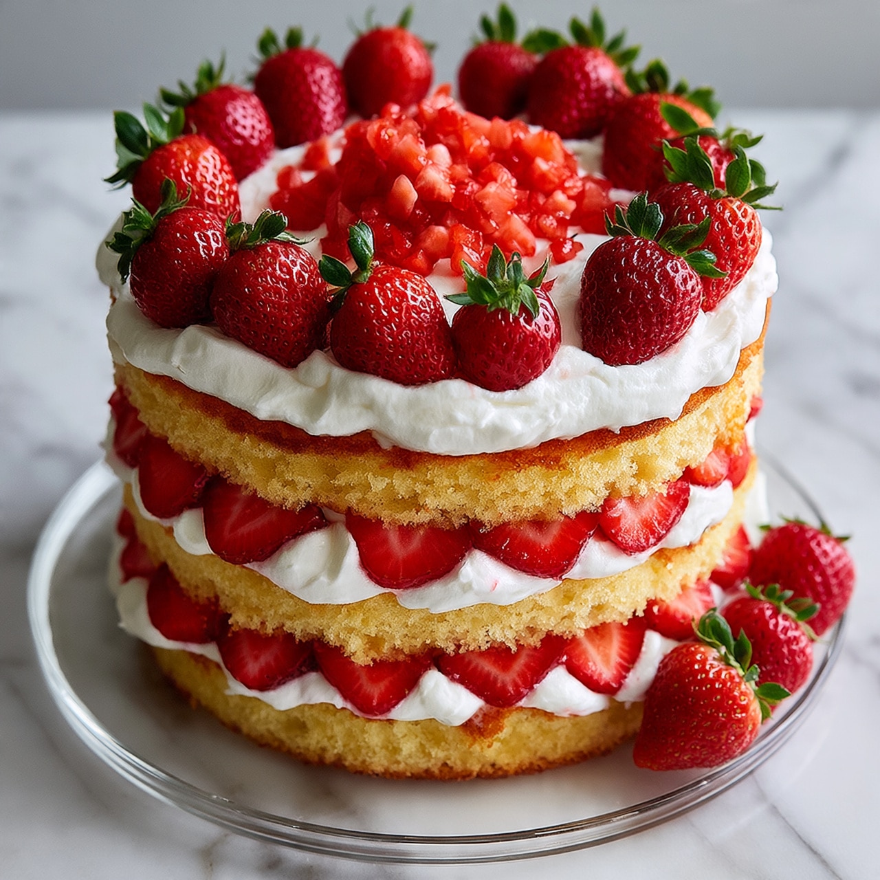 square image The image shows a three-layer vanilla sponge cake with white cream and bright red sliced strawberries between each layer. The top layer is covered with a thick spread of white cream, piled with small diced strawberries in the center and a ring of whole strawberries with green leaves around the edge. The cake sits on a clear glass plate placed on a white marbled surface. There are also a few whole strawberries placed beside the cake on the plate. The textures include the soft, slightly crumbly yellow cake layers, smooth cream, and juicy, glossy strawberries. Photo taken with an iphone --ar 4:5 --v 7