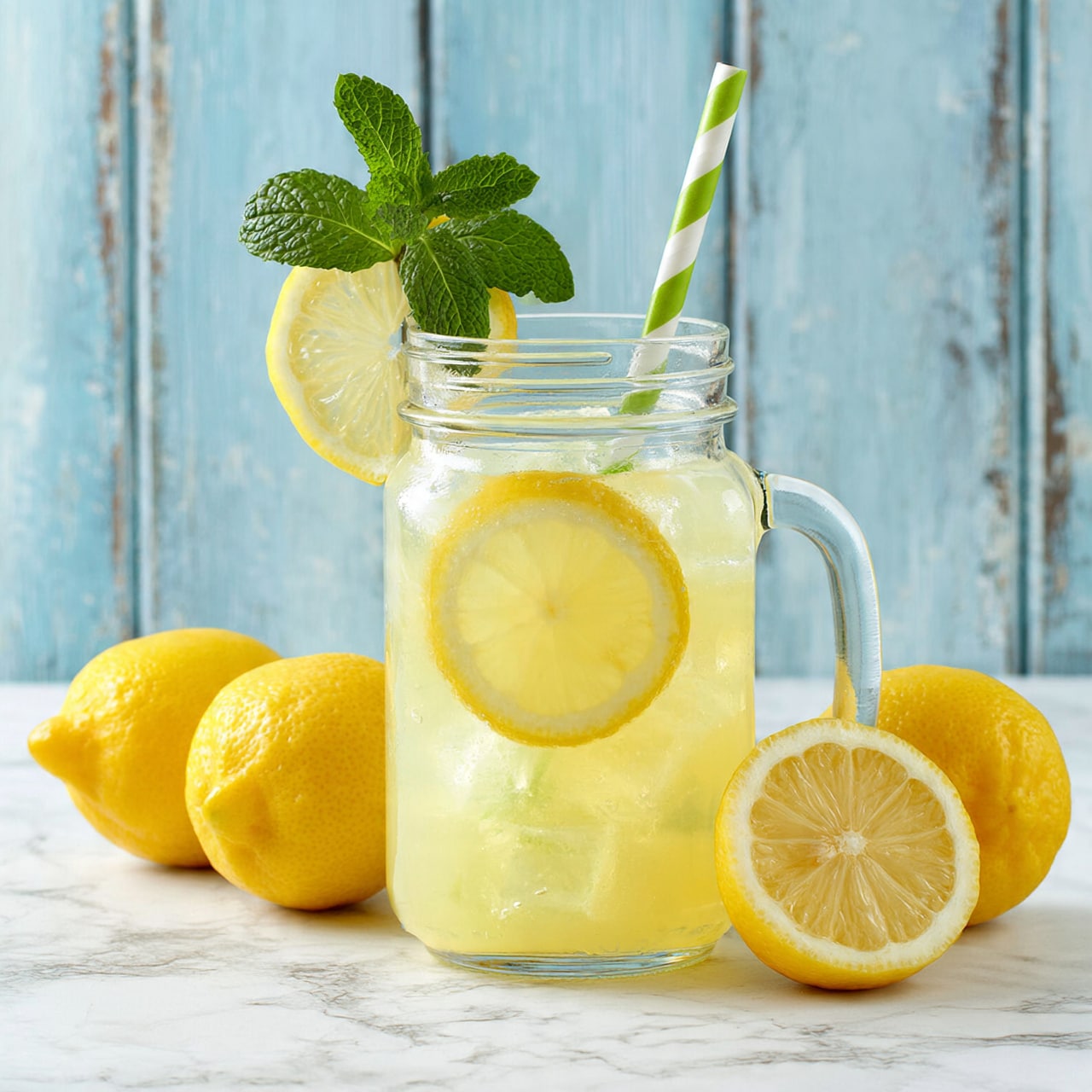 square image A clear glass jar with a handle filled with pale yellow lemonade is the main focus, with visible ice cubes and a round lemon slice inside. There is a green and white striped straw standing up in the jar, topped with two fresh green mint leaves. A lemon slice is placed on the rim of the jar. Around the jar sit three bright yellow whole lemons and one lemon cut in half with the inner pale yellow flesh showing. The surface is a white marbled texture, and the background is made of vertical light blue weathered wooden planks. photo taken with an iphone --ar 4:5 --v 7