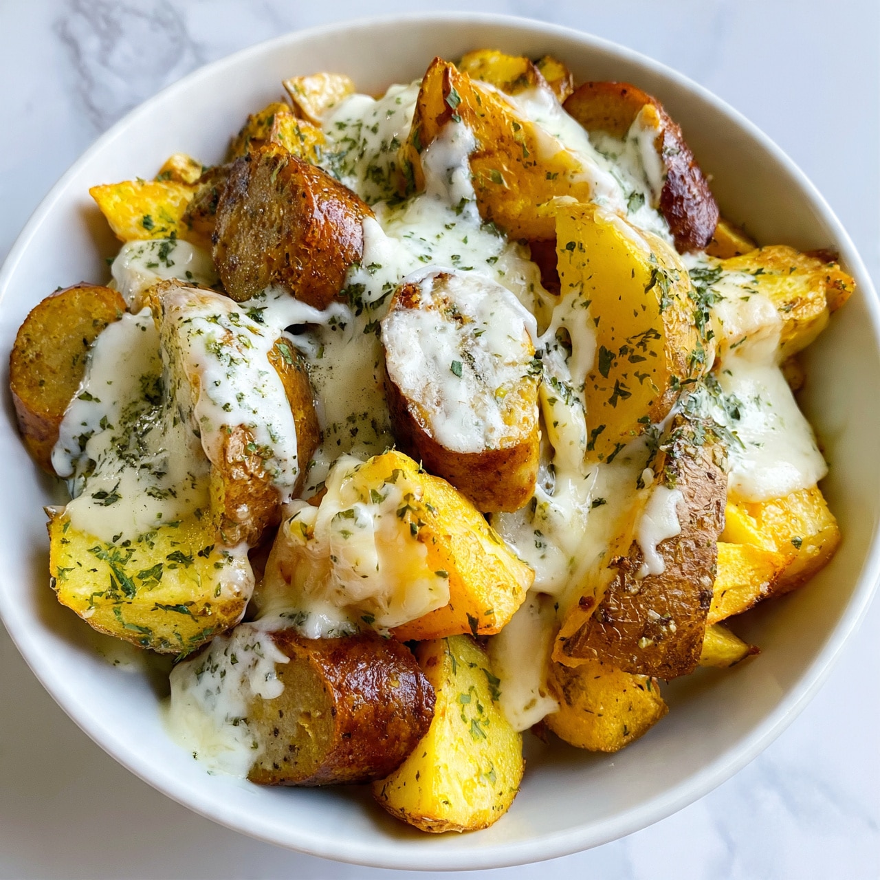 square image The image shows a white bowl filled with layers of roasted potato wedges and thick slices of browned sausage. The potato wedges have a golden-yellow color with a slightly crispy texture, mixed with green herb flakes scattered throughout. On top, melted creamy white cheese covers the potatoes and sausage pieces unevenly, with some cheese stretching between layers. The background is a white marbled surface. photo taken with an iphone --ar 4:5 --v 7