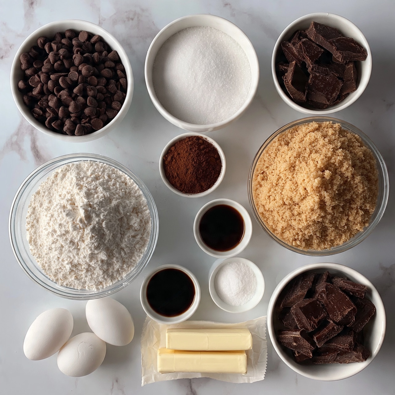square image A top-down view of various baking ingredients arranged on a white marbled surface, featuring clear glass bowls filled with white flour, granulated sugar, and light brown sugar. Two white bowls hold dark chocolate chips, while one white bowl contains chunks of dark chocolate. Small white bowls contain cocoa powder, two different dark liquids (likely vanilla extract), and white powders (baking soda and salt). Two white eggs and two sticks of butter wrapped in paper are placed on the surface. Everything is neatly spaced, showing a well-organized setup for baking. Photo taken with an iphone --ar 4:5 --v 7