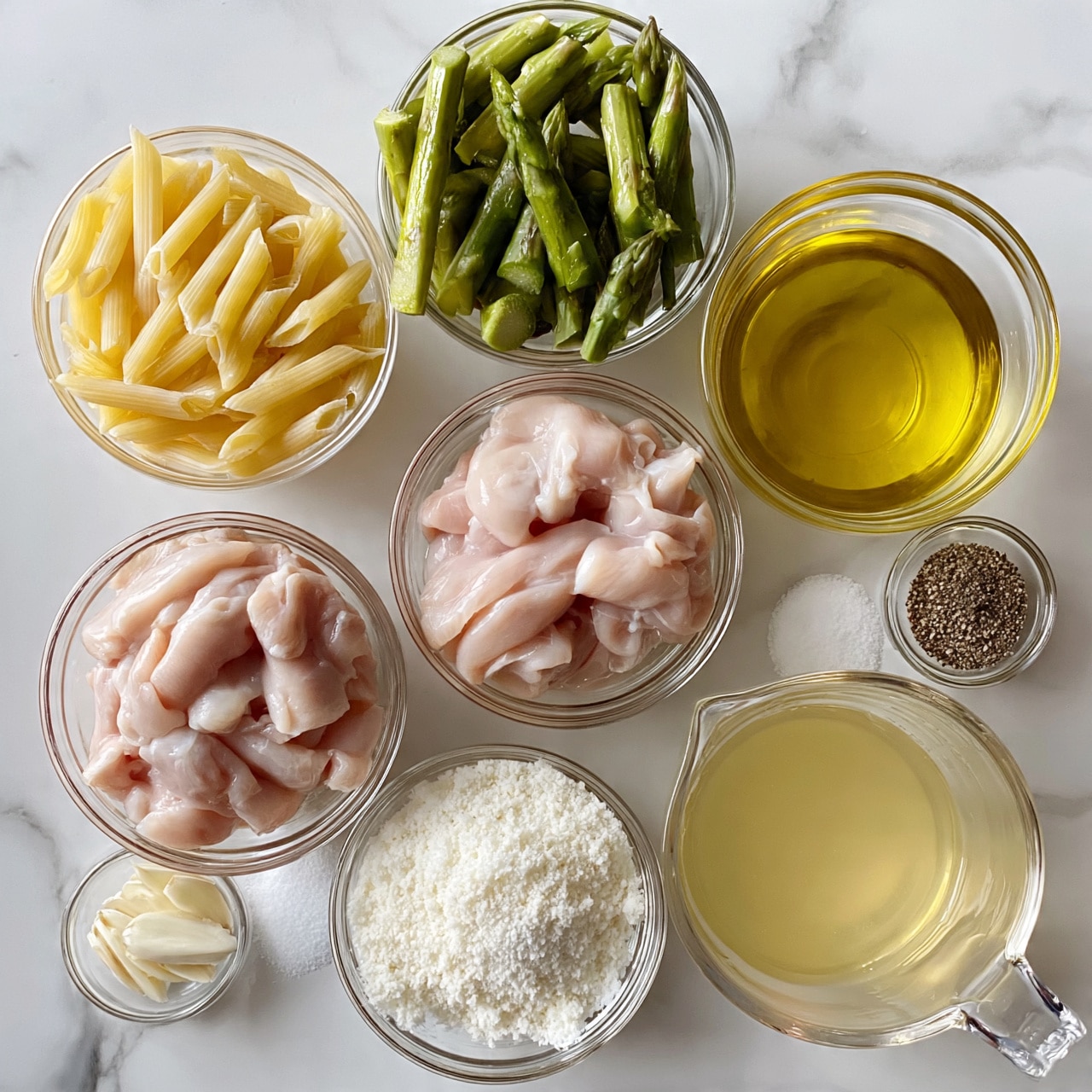 square image The image shows seven clear glass bowls and one clear measuring cup arranged on a white marbled surface. On the left side, a bowl filled with dry penne pasta in a pale yellow color. Above it, a bowl holds cut green asparagus with a fresh, slightly glossy texture. Below and to the right is a bowl with raw chicken pieces in pale pink with a smooth, moist look. To the right of the asparagus is a bowl filled with golden yellow oil. Below the oil, a smaller bowl contains grated white cheese with a powdery texture. In the lower right corner, a clear measuring cup holds light yellow broth. Surrounding these are small bowls with thin white garlic slices, white powder (likely flour), white granulated salt, and ground black pepper. Photo taken with an iphone --ar 4:5 --v 7