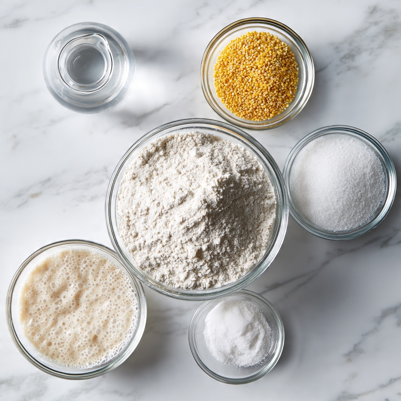 square image The image shows six clear glass bowls arranged on a white marbled surface. In the center, a large bowl is filled with white flour. Above it to the right, a smaller bowl holds small yellow grains of cornmeal. Next to that, on the far right, another small bowl contains fine white sugar. Below the flour bowl on the left, there is a bowl with a bubbly, light beige liquid, likely yeast mixture. Next to it on the right is a tiny bowl filled with white salt. At the top left, a small rounded jug holds clear water. The overall setup is neat and clean, with all ingredients clearly visible. Photo taken with an iphone --ar 4:5 --v 7
