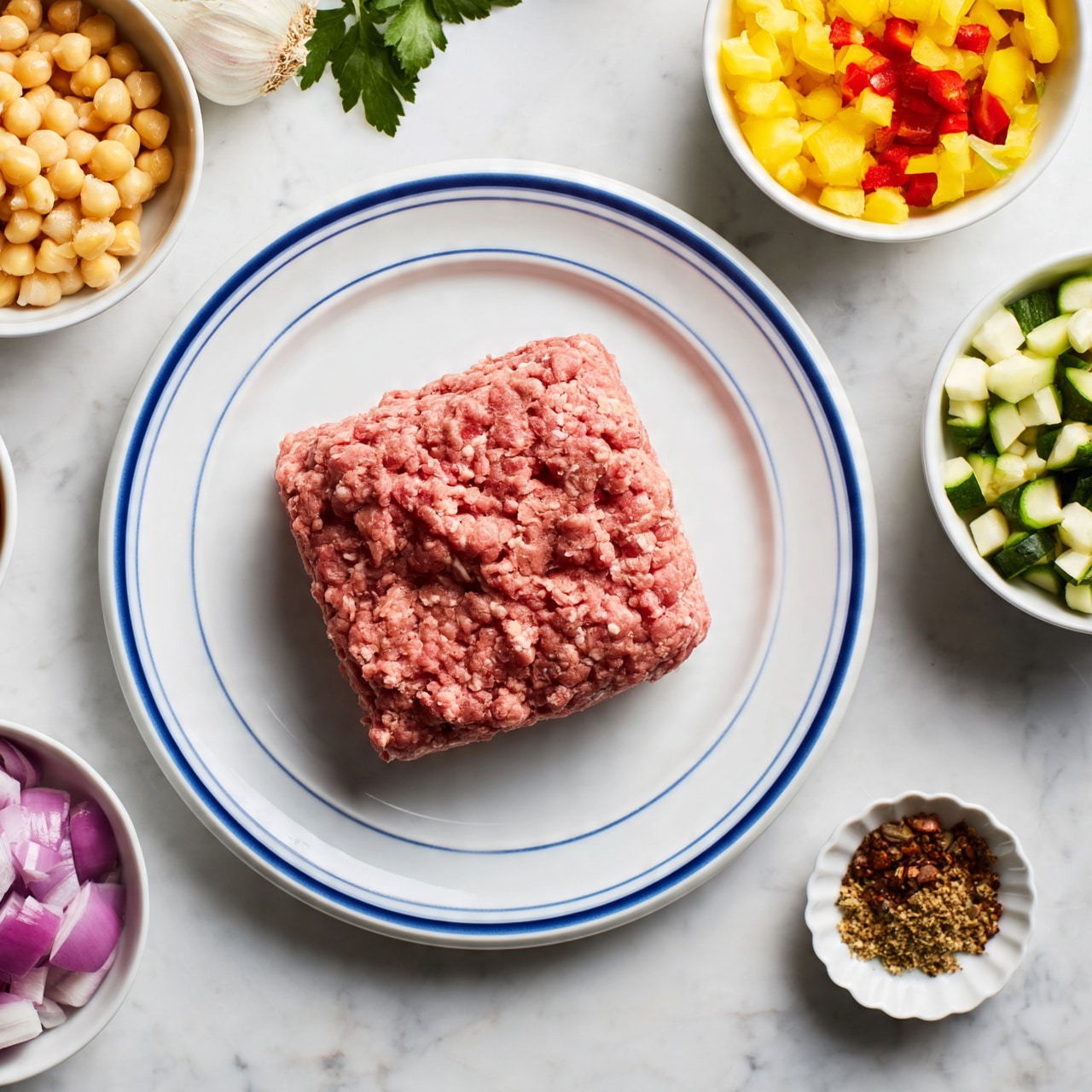 A white plate with a blue rim holds a square-shaped mound of raw pink ground meat with a textured surface, placed in the center. Surrounding the plate on a white marbled surface are small white bowls with various colorful ingredients: one bowl of light yellow chickpeas, one bowl with chopped yellow and red bell peppers, one bowl with chopped green and white zucchini, one bowl with chopped purple onions, and a small scalloped dish with an assortment of dried spices in brown, red, and green tones. Fresh green parsley and a bulb of garlic are partially visible near the top left corner. 1:1