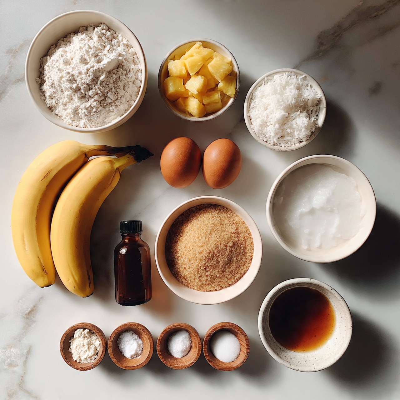 square image The image shows an overhead view of various baking ingredients arranged on a white marbled surface. There are two whole yellow bananas on the left, next to a white bowl filled with white flour at the top left. To the right of the bananas, two brown eggs sit close together. Above the eggs, there is a small white bowl with chopped yellow pineapple pieces, and to its right, another white bowl filled with white shredded coconut. Below the eggs, a white bowl holds light brown sugar, and next to it on the right, another white bowl contains white coconut oil. Towards the bottom left, a small bottle of dark brown vanilla extract is placed. Along the bottom row, there are small wooden bowls with white baking powder, white salt, and a small white bowl with some white ingredient, possibly baking soda or similar. A white bowl at the lower right holds a dark amber liquid, likely honey or syrup. The layout is clean and tidy, with neutral colors and soft lighting, all on a white marbled surface. photo taken with an iphone --ar 4:5 --v 7