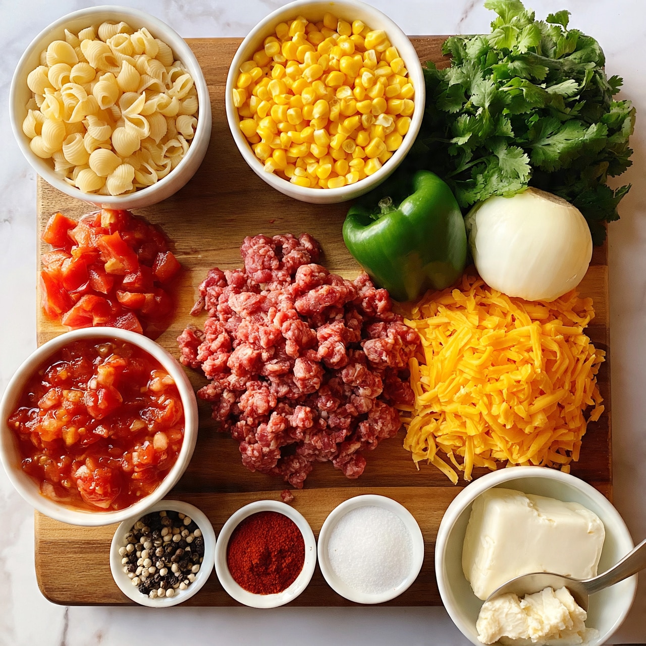 square image The image shows a wooden board on a white marbled surface, filled with different cooking ingredients. At the top left, there is a white bowl full of small shell pasta, light cream in color. Next to it on the right, a white bowl is filled with bright yellow corn kernels. Below the pasta, another white bowl contains red diced tomatoes in juice. Central on the board, there is a pile of raw ground meat, pinkish-red and slightly coarse. To the right of the meat, a heap of shredded orange cheese is placed. Surrounding these, fresh green cilantro leaves sit to the top right, with a green bell pepper and a whole white onion placed between the cilantro and meat. At the bottom, three small white bowls hold a mix of black and white peppercorns, red chili powder, and white salt. Also, a white bowl on the bottom right contains a block of white cream cheese with a spoonful of the cheese next to it. The photo taken with an iphone --ar 4:5 --v 7