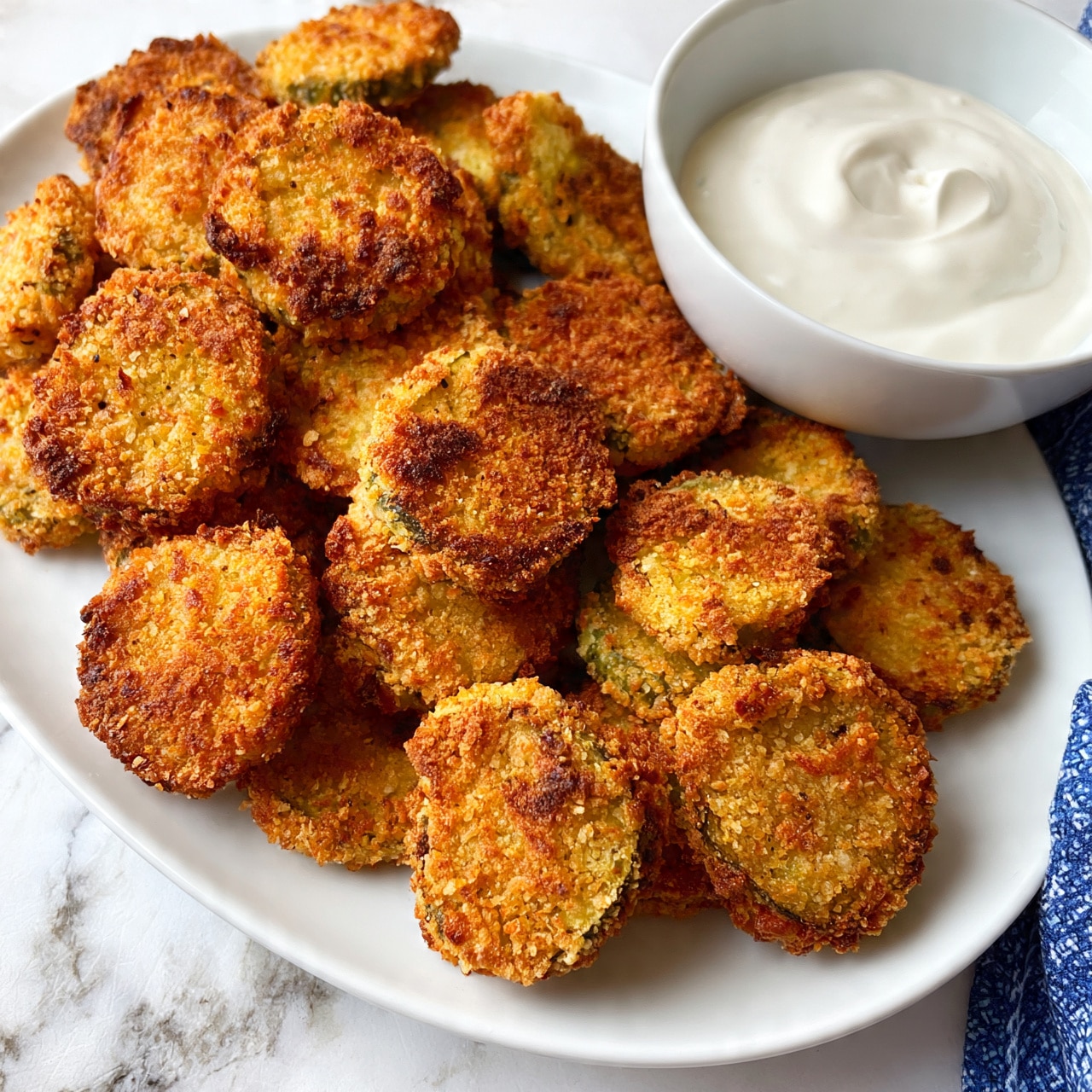 square image A white oval plate filled with many golden-brown, crispy fried pickle slices arranged in slightly overlapping layers, showing their rough textured breadcrumb coating. On the right side of the plate, a white bowl holds a smooth, thick, creamy white dipping sauce with a slight swirl on its surface. The plate sits on a white marbled texture background with a blue patterned cloth nearby. photo taken with an iphone --ar 4:5 --v 7