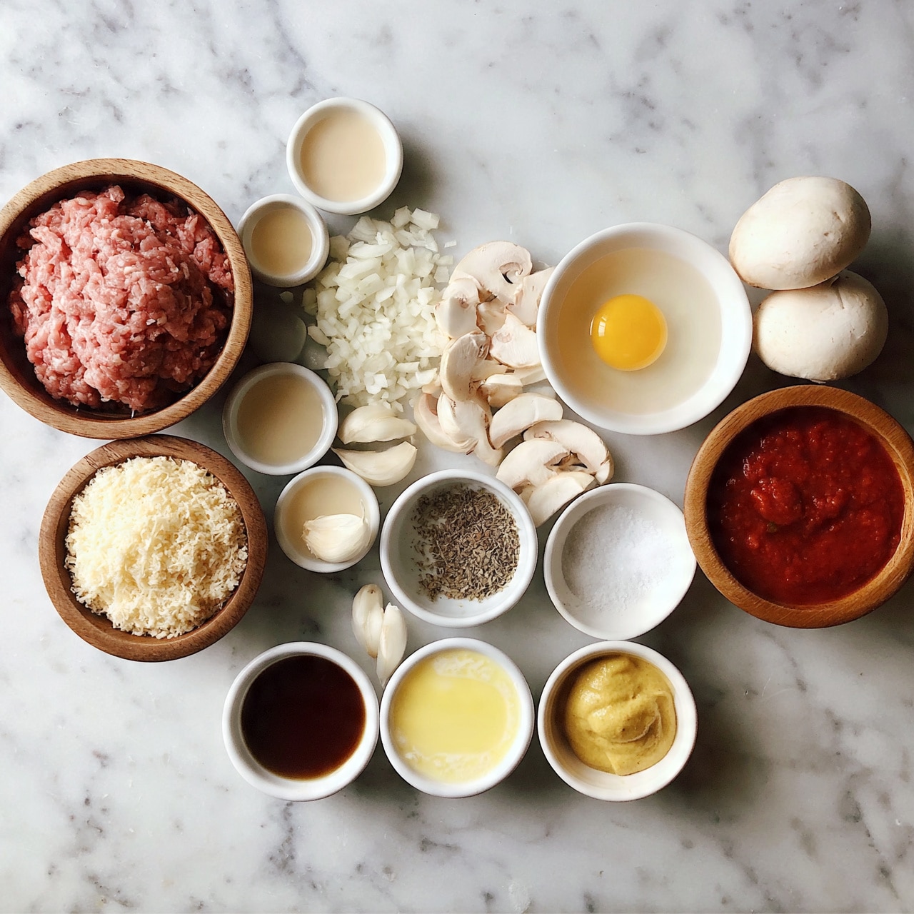 square image The image shows a variety of ingredients neatly arranged on a white marbled surface, each in its own small white bowl except for two which are wooden. Starting from the left, there is a wooden bowl filled with pink raw ground meat. Behind it, a small white bowl with a light liquid, another with white chopped onions, and another with sliced white mushrooms. To the right, a white bowl holds one raw egg yolk floating in clear liquid. Next to it are two whole white mushrooms resting on the surface near a wooden bowl filled with red tomato sauce. In the middle front row, a wooden bowl is filled with off-white grated cheese. To its right, a small white bowl contains dried herbs, and beside that, there is a smaller white bowl with salt. In front of the cheese, three small white bowls contain a dark brown liquid, melted butter, and light yellow mustard, respectively. White garlic cloves are scattered between these bowls. The overall look is clean and organized with natural colors, textures like smooth liquids, crumbly cheese, and fresh vegetables clearly visible. Photo taken with an iphone --ar 4:5 --v 7