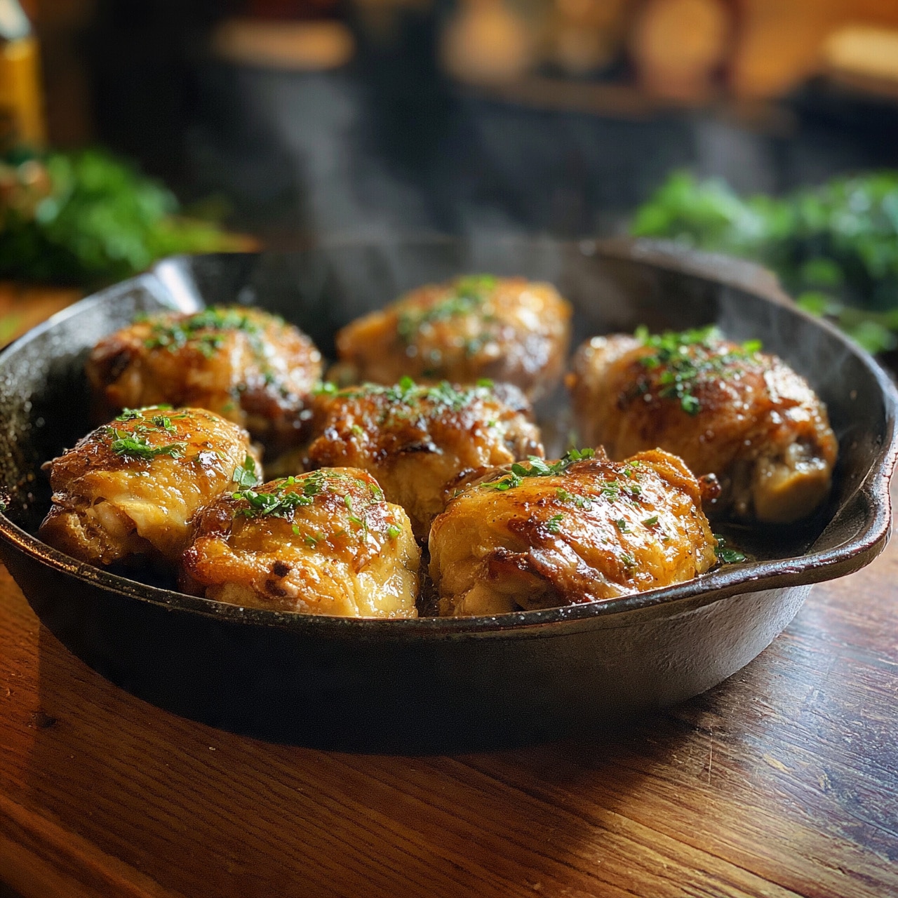square image A black cast iron pan filled with seven cooked chicken pieces arranged closely, each piece showing a golden brown color with a glossy, slightly oily texture. The chicken is covered with small green herb bits scattered on top. Steam rises from the hot chicken, giving a fresh, just-cooked feel. The pan sits on a wooden surface, with blurred green herbs and kitchen items in the background. photo taken with an iphone --ar 4:5 --v 7