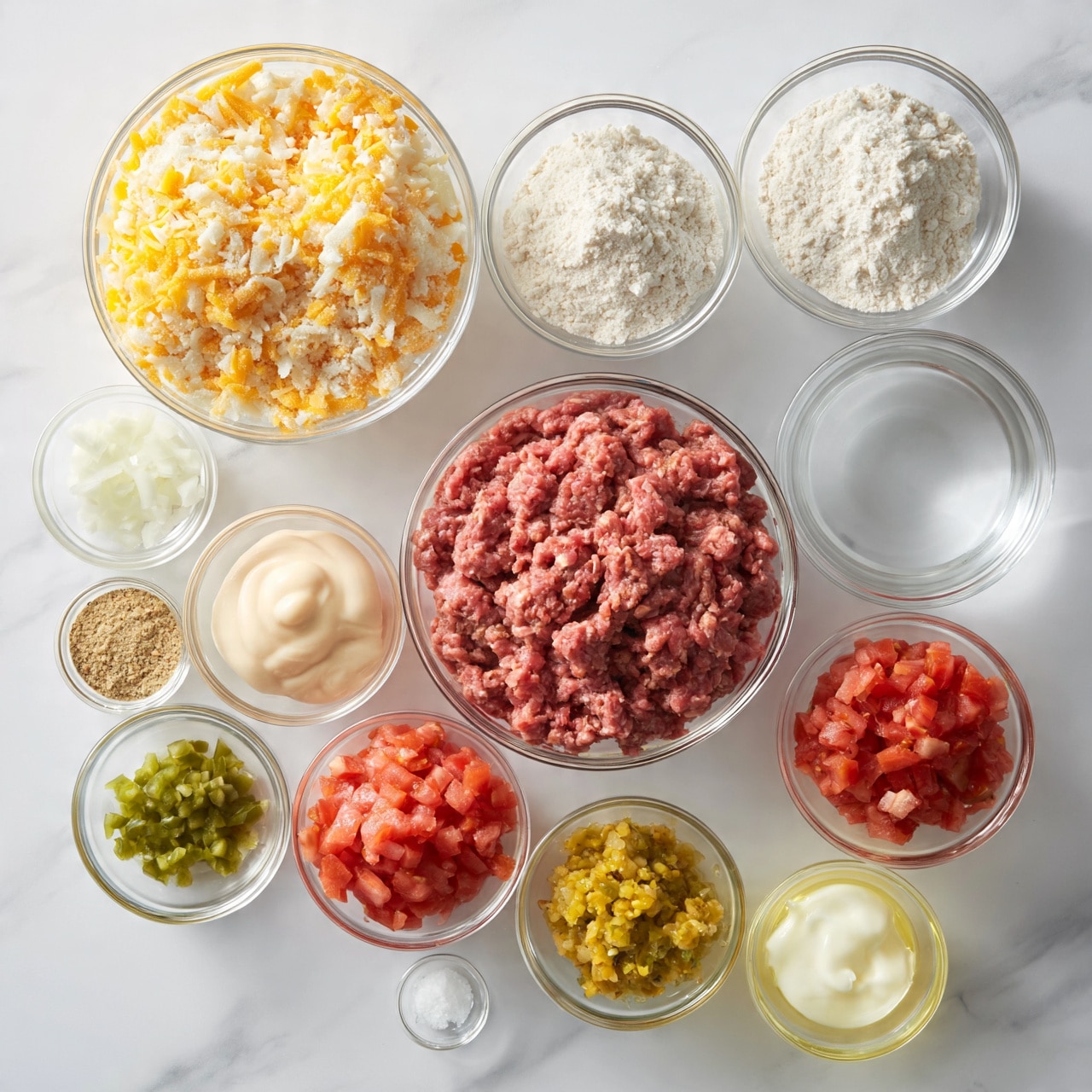 square image A top-down view of multiple clear glass bowls arranged neatly on a white marbled surface, each holding different cooking ingredients: a large bowl with a mix of shredded yellow and white cheese showing a coarse texture; another large bowl containing raw ground beef with a pinkish-red color and a slightly coarse texture; a bowl of flour with a dry, powdery white appearance; a bowl filled with clear water; a small bowl of finely chopped white onions; another small bowl with creamy, pale beige mayonnaise; a tiny bowl of light brown seasoning powder; a small bowl of finely diced green peppers; a bowl with chunky diced red tomatoes; a tiny bowl of dark red spice powder; a small amount of salt in a tiny bowl; a bowl of chopped green chili or pepper relish with a yellow-green chunky texture; a bowl with smooth white sour cream; and a tiny bowl of pale yellow oil, all set against the clean backdrop. Photo taken with an iphone --ar 4:5 --v 7