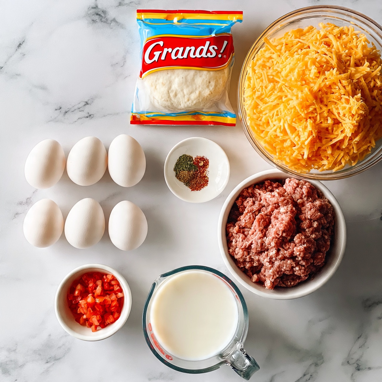square image The image shows a white marbled surface with several ingredients neatly arranged. There are six white eggs placed in two rows, a small white bowl of chopped red tomatoes, and a small white dish containing green and red spices. A large glass bowl filled with shredded orange cheese sits near the top right. Below it, a white bowl holds raw ground meat. Next to these, a clear glass measuring cup is filled with milk. Close to the top center, a packet of refrigerated biscuit dough labeled