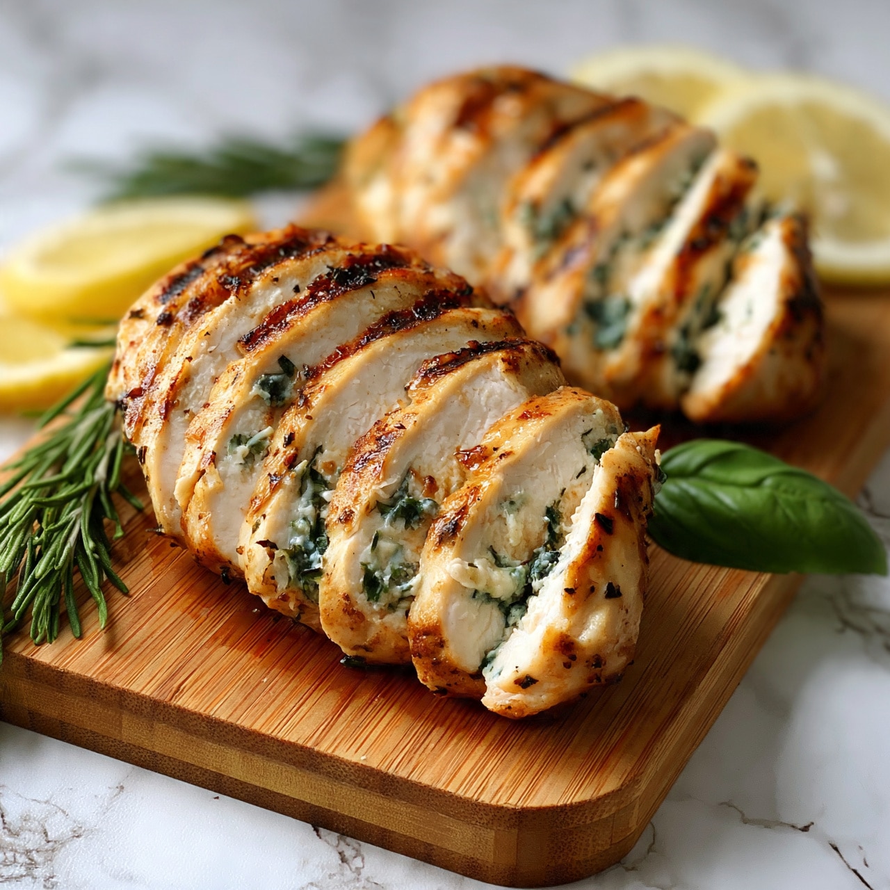 square image  Two pieces of grilled sliced chicken are placed on a wooden board. Each piece is cut into about ten thin strips showing a light brown grilled outside with white juicy inside, mixed with green herbs inside the meat. Around the board are several lemon slices, some sprigs of green rosemary, and a fresh green basil leaf. The background is a white marbled texture. photo taken with an iphone aspect ratio 1:1