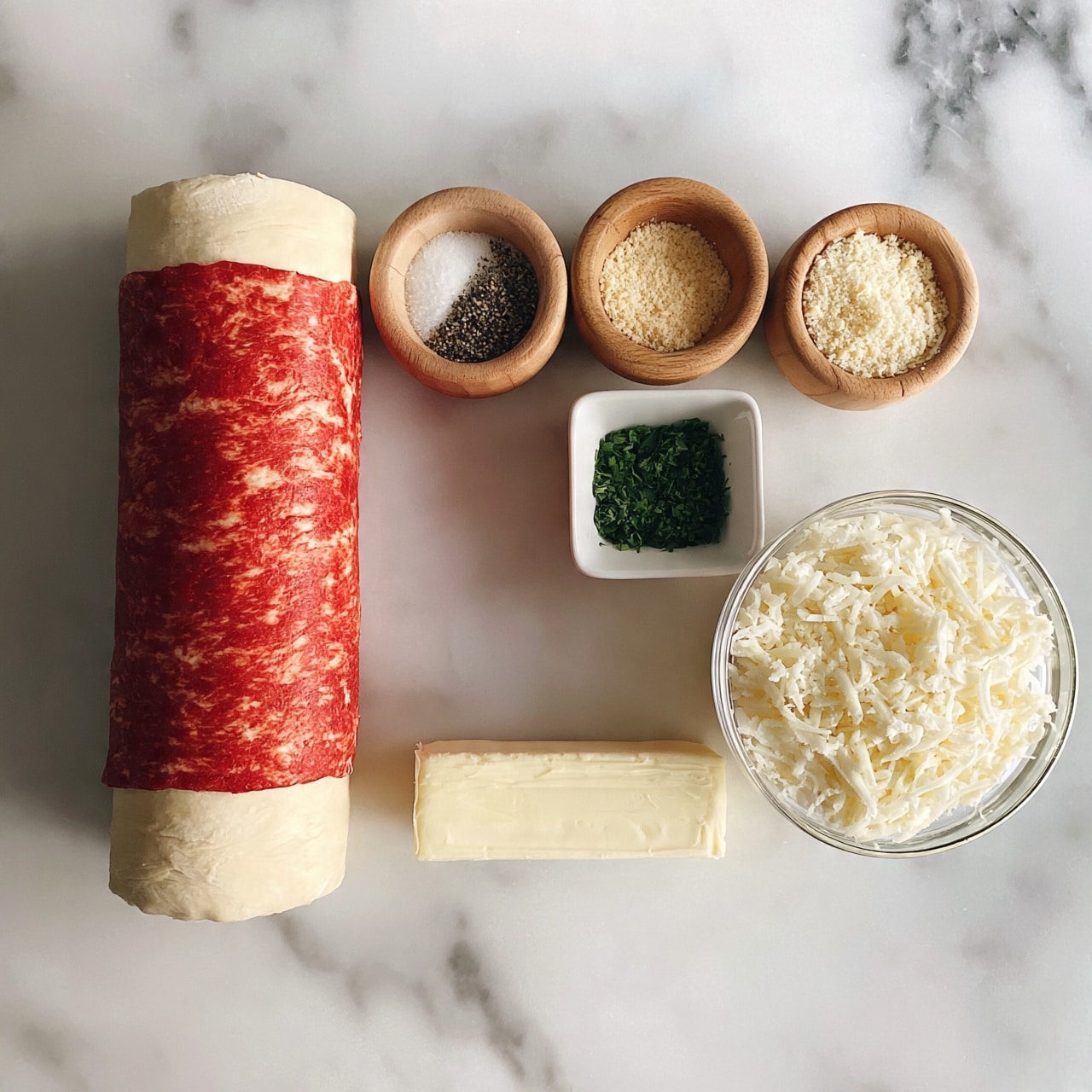 square image The image shows six ingredients arranged on a white marbled surface. On the left, there is a red tube of pizza crust dough lying horizontally. To its right, there are three small wooden bowls—one with salt and black pepper, one with garlic powder, and one with grated Parmesan cheese. Next to them, a small white square bowl holds chopped green herbs. Below these is an unwrapped butter stick placed horizontally. On the far right, there is a clear glass bowl filled with shredded white mozzarella cheese. Photo taken with an iphone --ar 4:5 --v 7