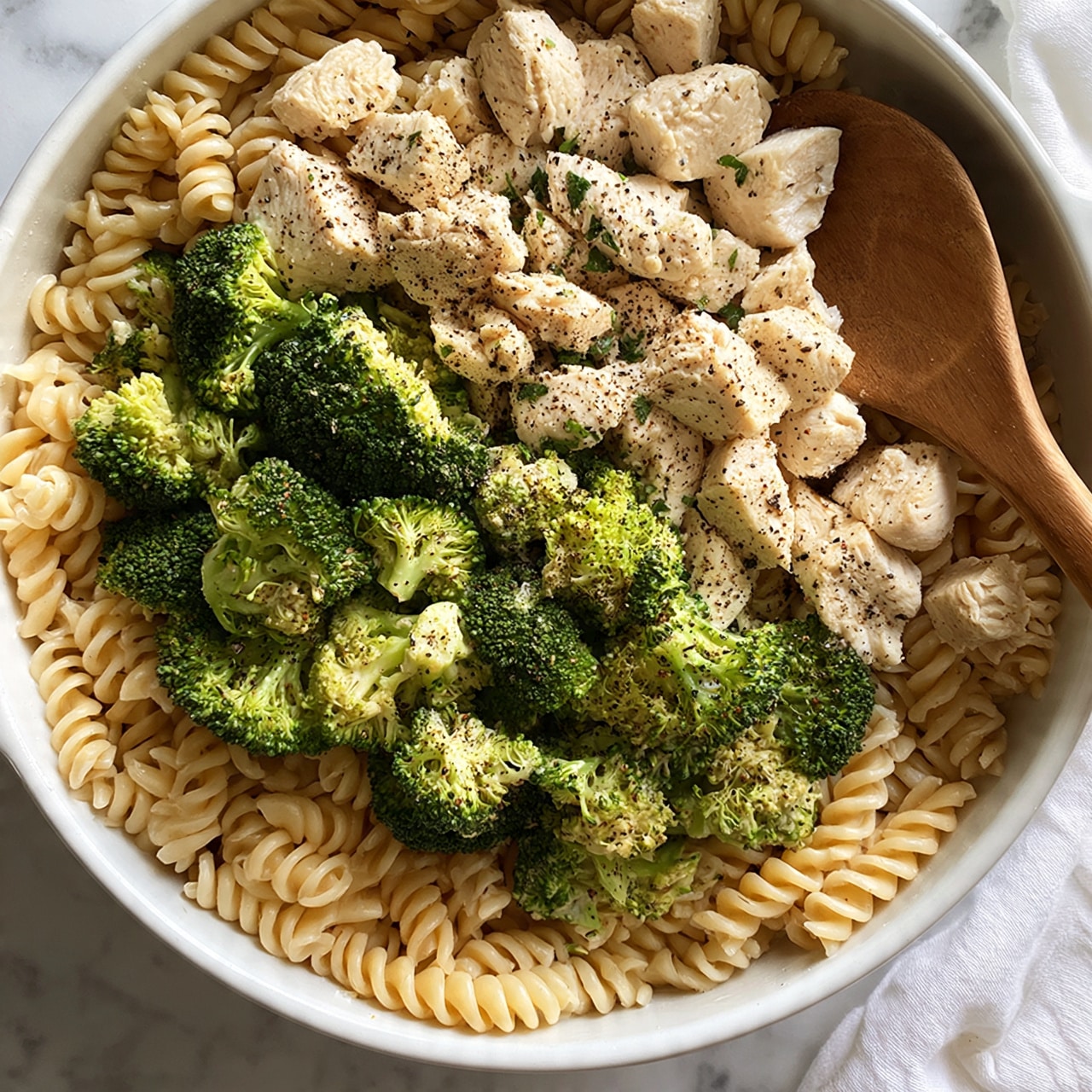 square image A white round cooking pot filled with a pasta dish showing three main layers: at the bottom, short spiral rotini pasta in light beige, in the middle, bright green broccoli florets with a slightly cooked texture, and on top, chunks of white cooked chicken scattered evenly. The dish is sprinkled with black pepper and some small green herb pieces. A wooden spoon is placed inside the pot. The setting has a white marbled surface with a white cloth visible on the side. Photo taken with an iphone --ar 4:5 --v 7