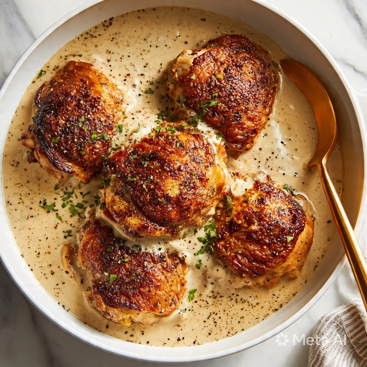 square imag The image shows a white pan filled with five pieces of browned chicken in a creamy, light beige sauce with black pepper sprinkled throughout. The chicken pieces have a crispy, golden-brown skin and are partially covered by the smooth sauce, with some green herbs sprinkled on top for color. A golden spoon is resting inside the pan on the right side, partially submerged in the sauce. The background features a white marbled surface with a striped cloth visible in the lower right corner. Photo taken with an iphone --ar 4:5 --v 7