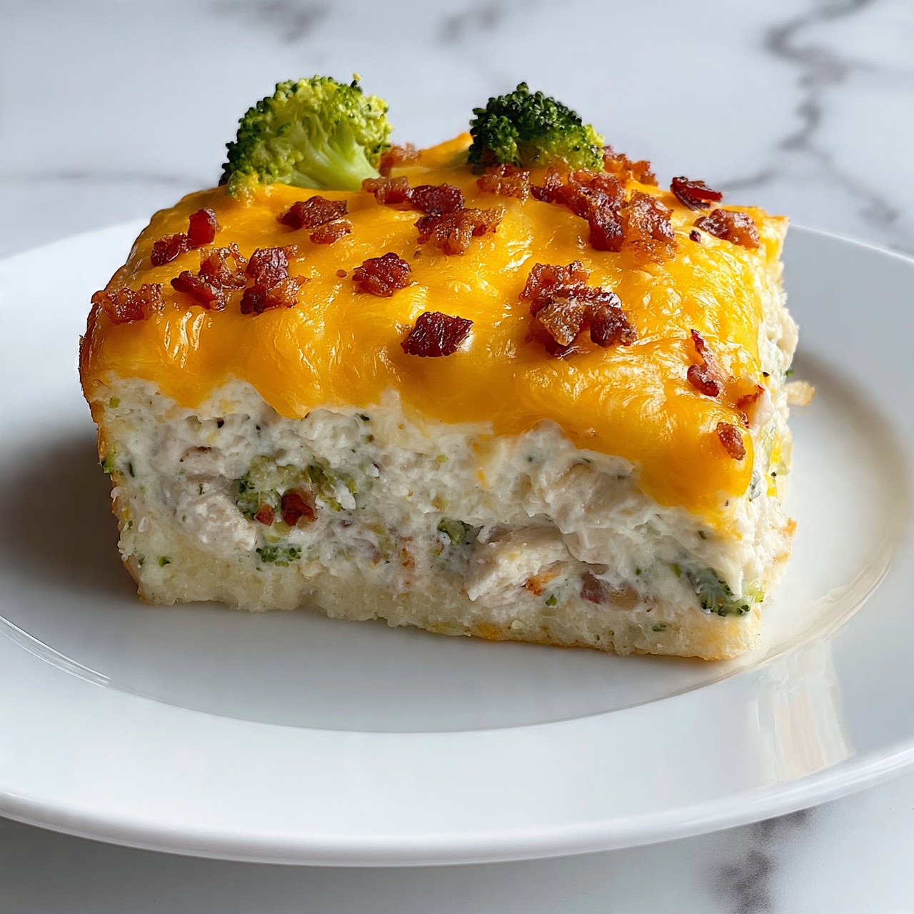 square imag A white plate holds one slice of a creamy casserole made of three layers. The bottom layer is a light, soft base mixed with small pieces of chicken and broccoli. The middle layer is thick and creamy, also with chicken and broccoli pieces mixed in. The top layer is golden and melted cheese with small bits of crispy bacon scattered across, and a few broccoli florets sticking out. The casserole is served on a white marbled surface in the background. Photo taken with an iphone --ar 4:5 --v 7