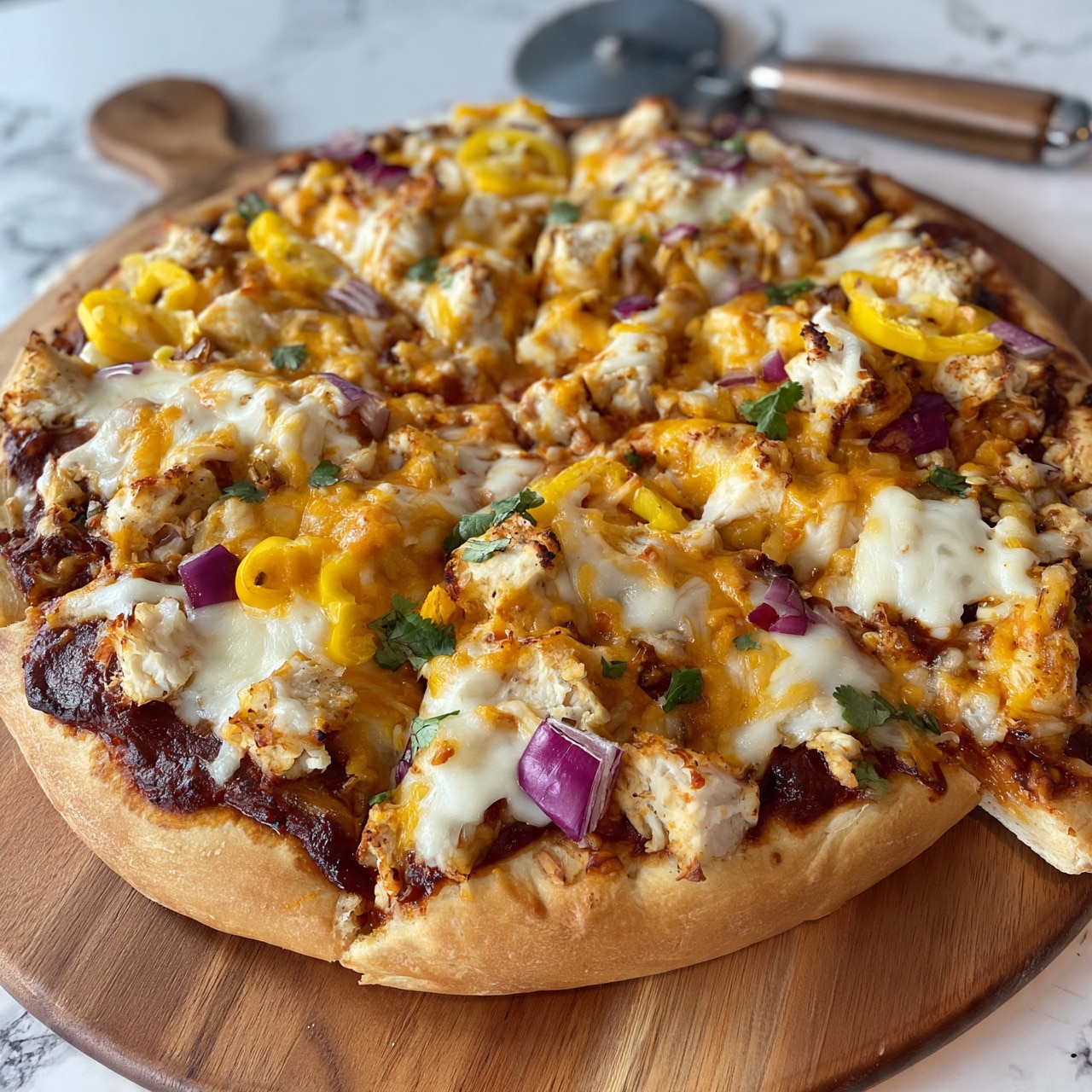 square image A round pizza with a thick golden crust sits on a wooden board. The first layer is a spread of dark red sauce, topped with chunky pieces of white chicken scattered all over. On top, there are two kinds of melted cheese, white and golden yellow, covering the chicken and sauce unevenly. Small pieces of purple-red onion and bright yellow sliced peppers are spread around the pizza. Tiny green cilantro leaves sit on top, adding a fresh touch. The pizza is cut into eight slices, with one slice slightly pulled away. In the background, a metal pizza cutter with a wooden handle rests on a white marbled surface. photo taken with an iphone --ar 4:5 --v 7