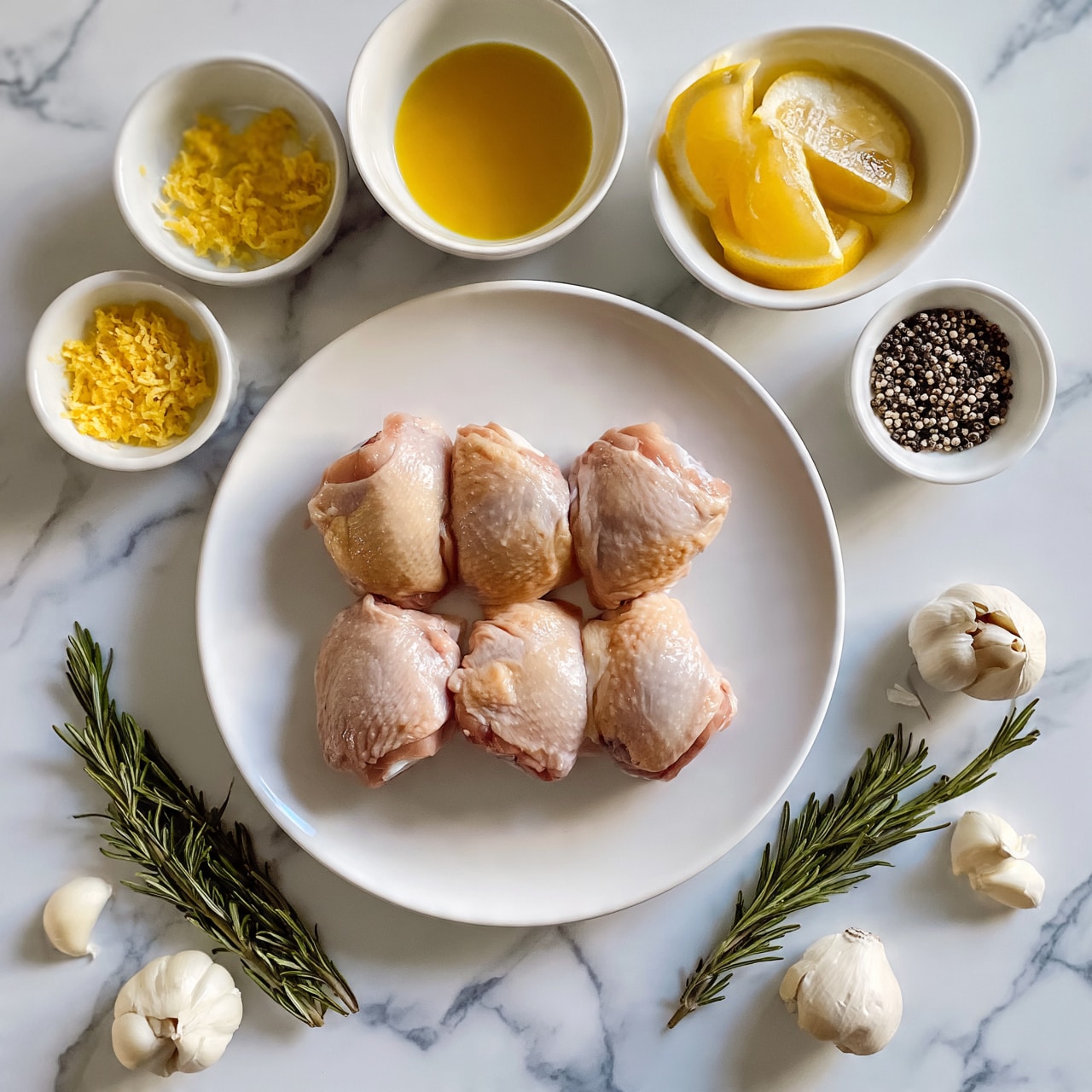 square image  The image shows a white plate in the center with six raw chicken thighs arranged neatly in two small rows. Around the plate, there are small white bowls and dishes holding different ingredients: a small bowl with yellow lemon zest, a larger bowl with a yellow oil or sauce, a dish with lemon wedges, and another dish with black and white pepper seasoning. Fresh rosemary sprigs are placed on the white marbled surface around the plates, and some garlic bulbs are scattered nearby. A woman's hand is not visible but implied by the arrangement style. The photo is taken with an iphone aspect ratio 1:1