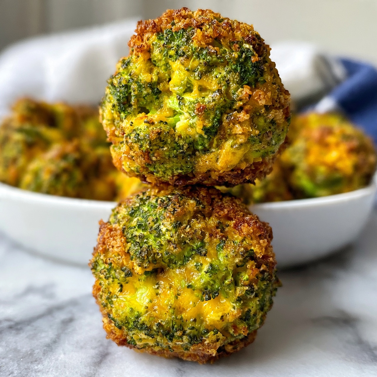 square image The image shows two golden brown, crispy broccoli cheese balls stacked on top of each other in front of a white bowl filled with more broccoli cheese balls. The balls are made of green broccoli pieces mixed with melted yellow cheese and have a crunchy texture on the outside. The bowl is placed on a white marbled surface with a blurred white and blue cloth in the background. photo taken with an iphone --ar 4:5 --v 7